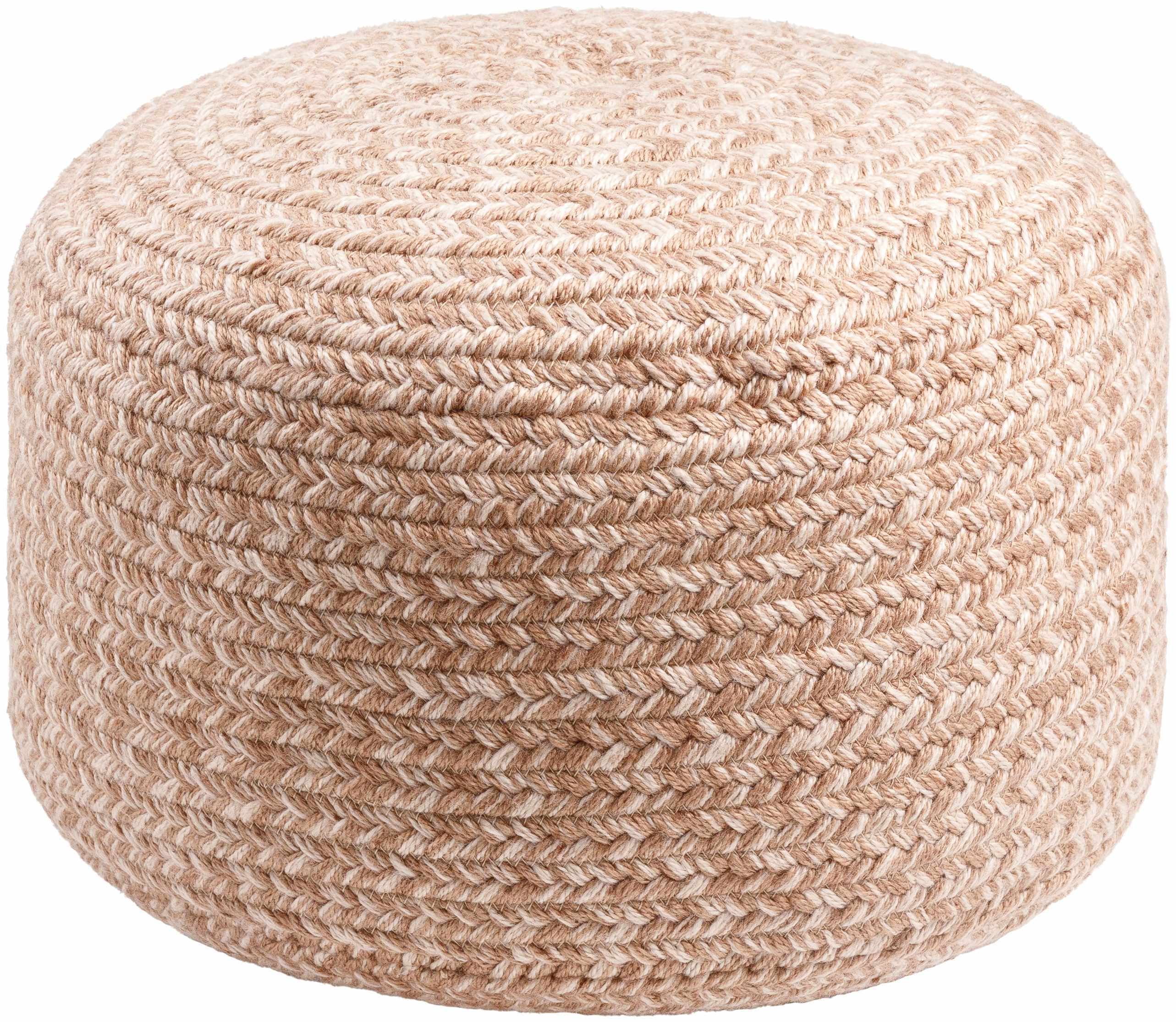 Dusty pink blush knitted pouf made from textured recycled yarn for indoor or outdoor seating