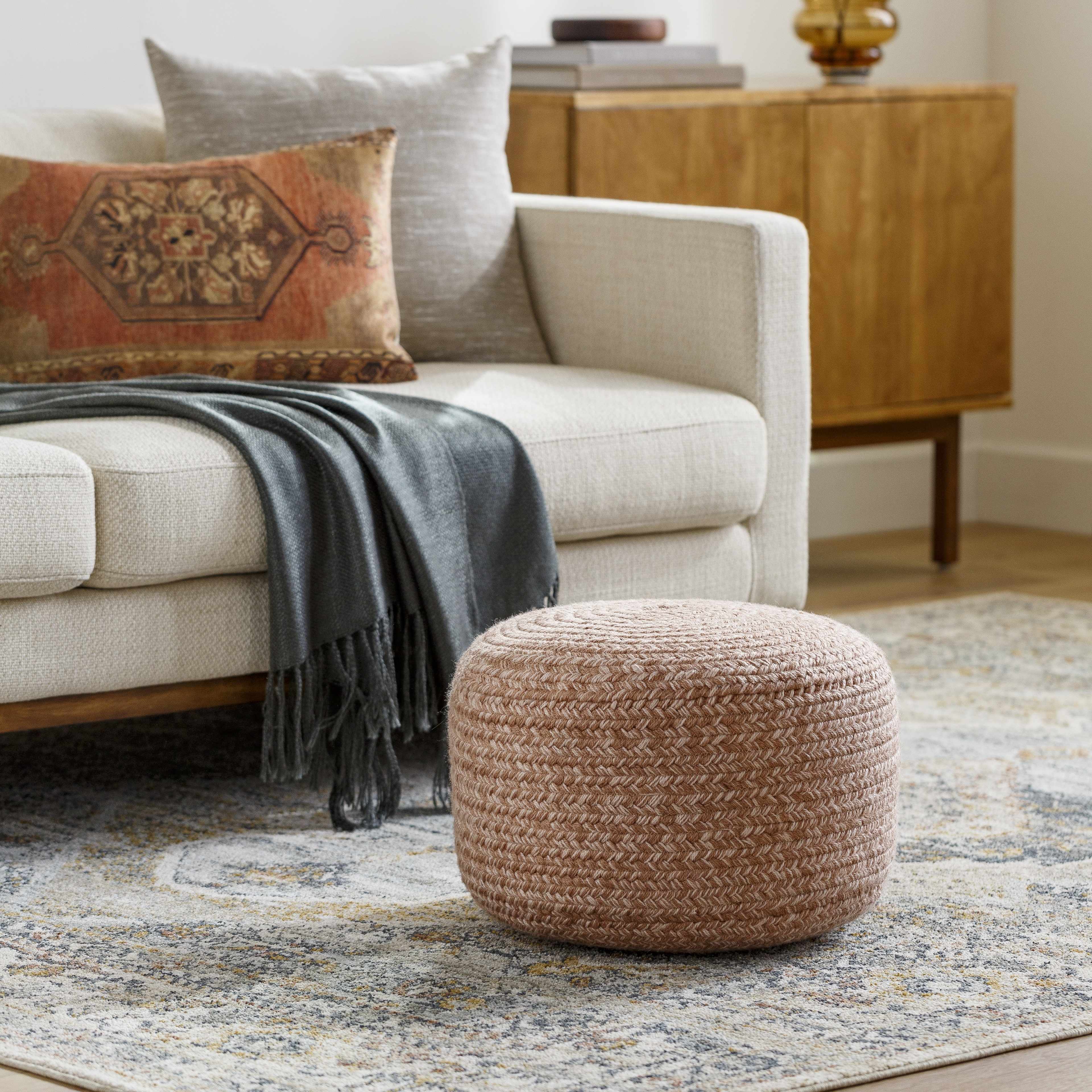Dusty pink blush knitted pouf made from textured recycled yarn for indoor or outdoor seating — view 5