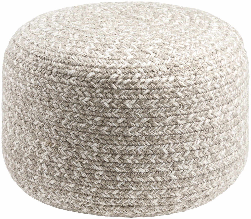Light gray knitted contemporary outdoor pouf made from recycled yarn perfect for modern patio seating
