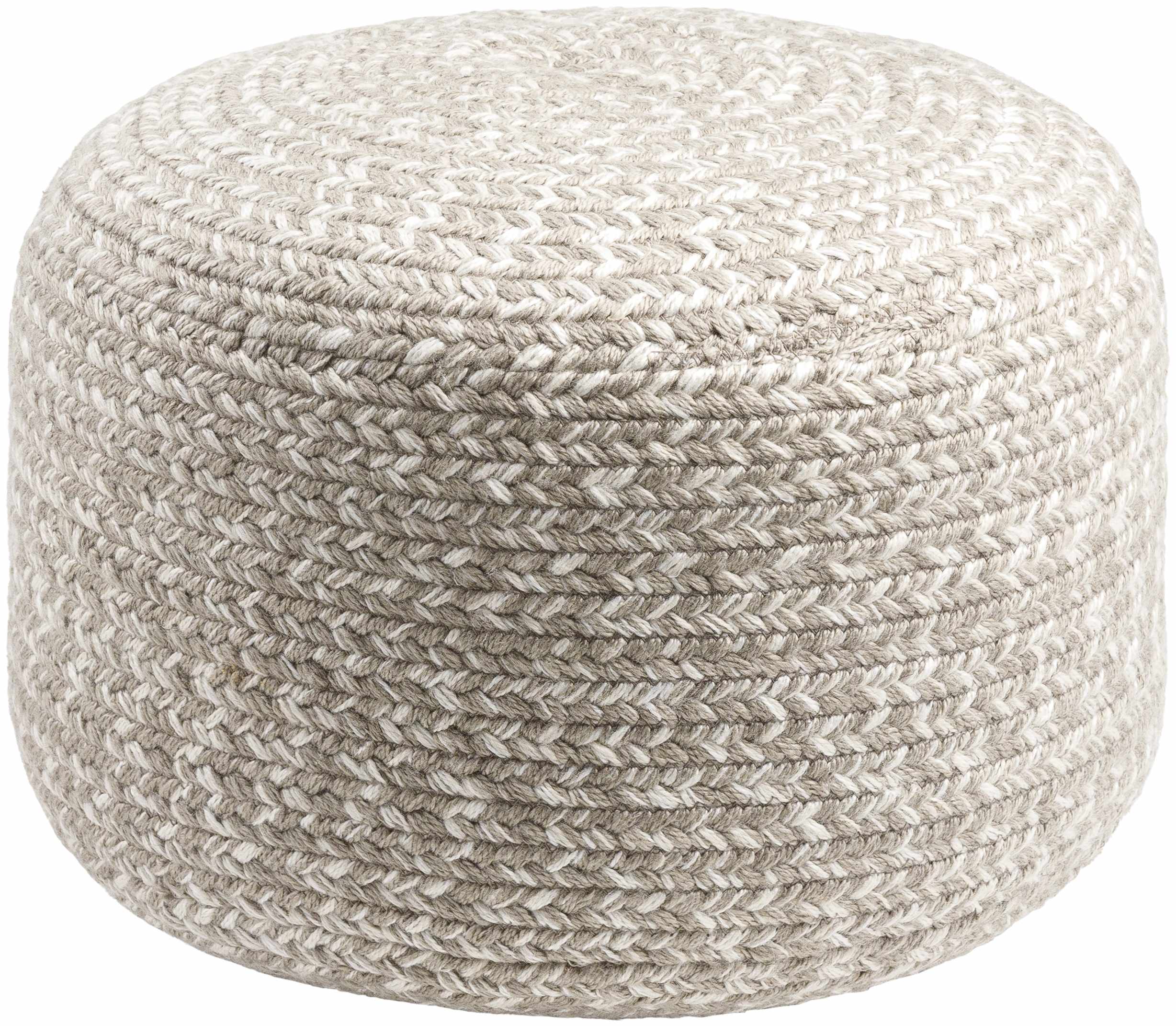 Light gray knitted contemporary outdoor pouf made from recycled yarn perfect for modern patio seating