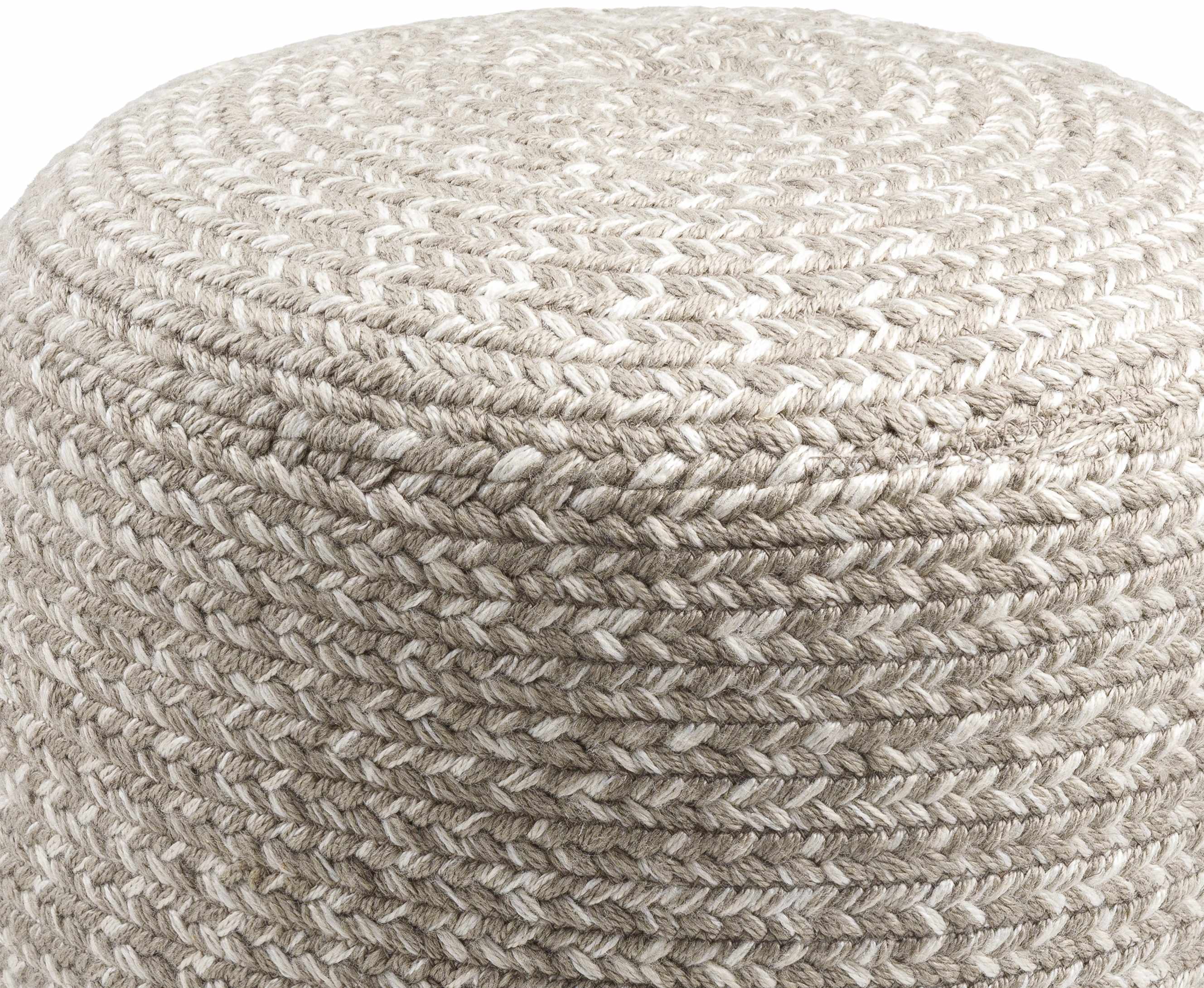 Light gray knitted contemporary outdoor pouf made from recycled yarn perfect for modern patio seating — view 3