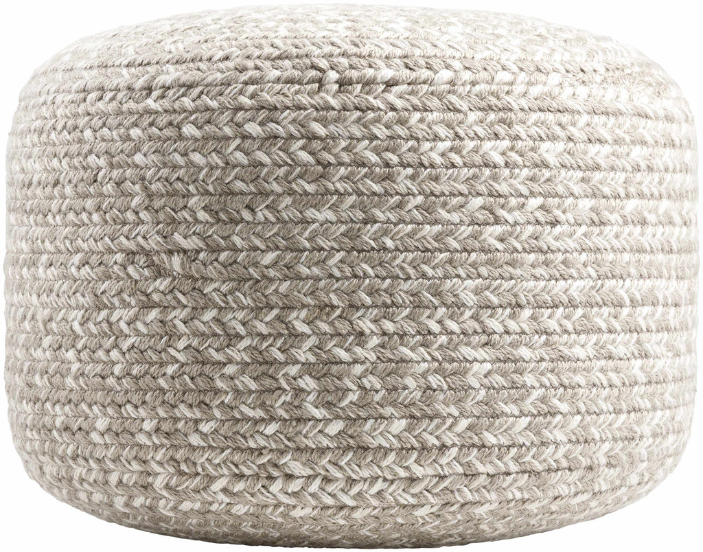 Light gray knitted contemporary outdoor pouf made from recycled yarn perfect for modern patio seating — view 4