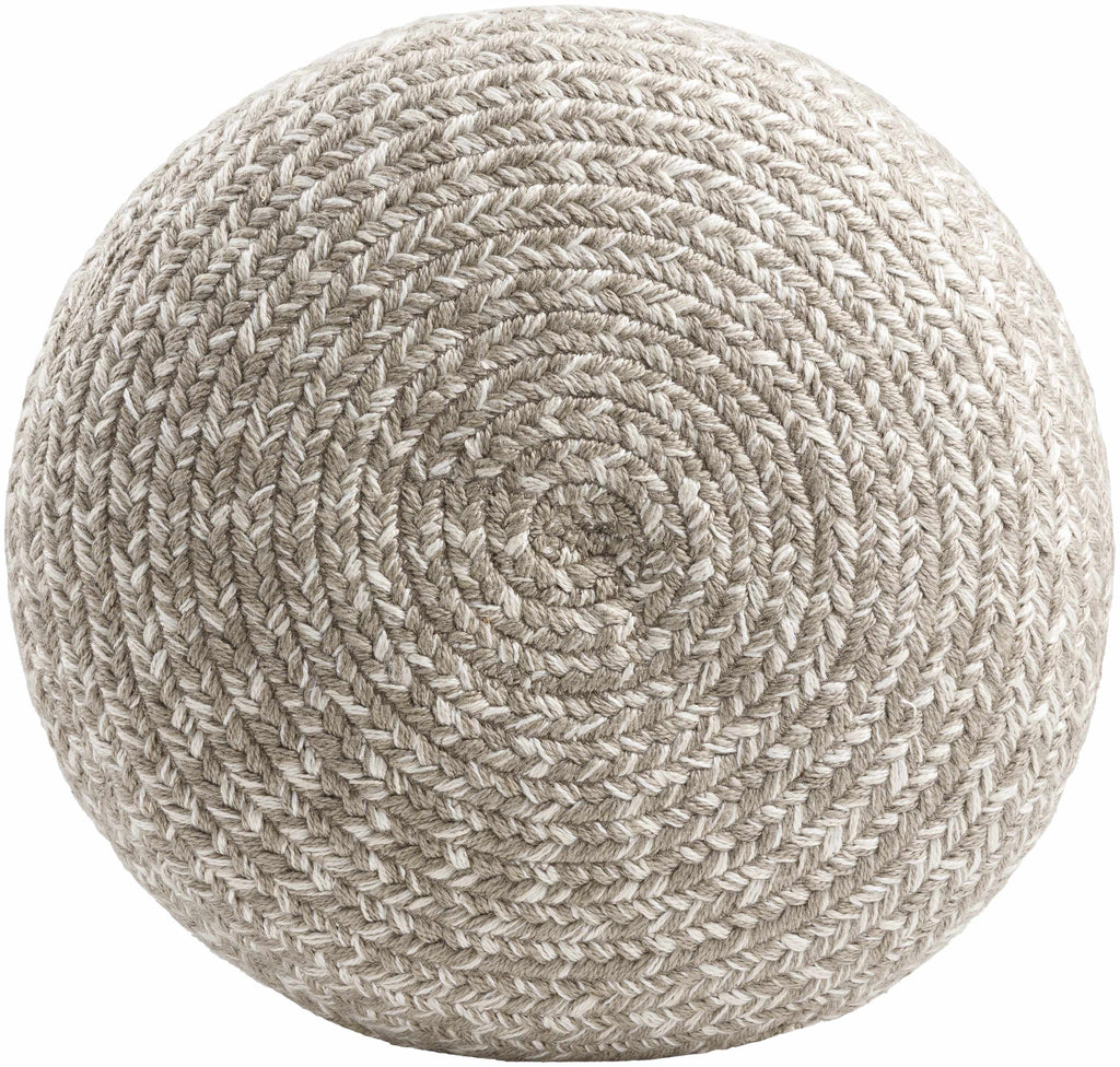 Light gray knitted contemporary outdoor pouf made from recycled yarn perfect for modern patio seating — view 2