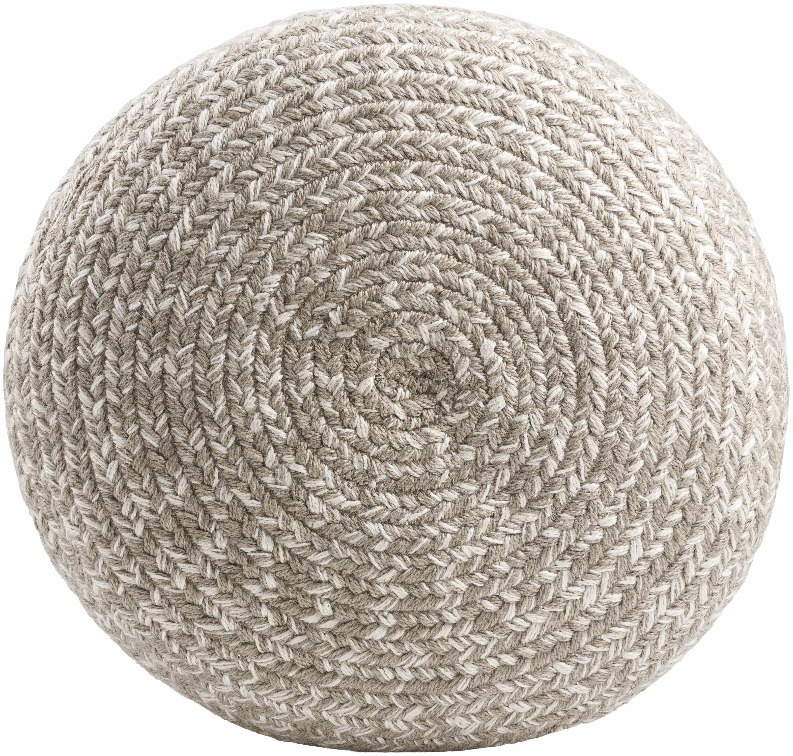 Light gray knitted contemporary outdoor pouf made from recycled yarn perfect for modern patio seating — view 2