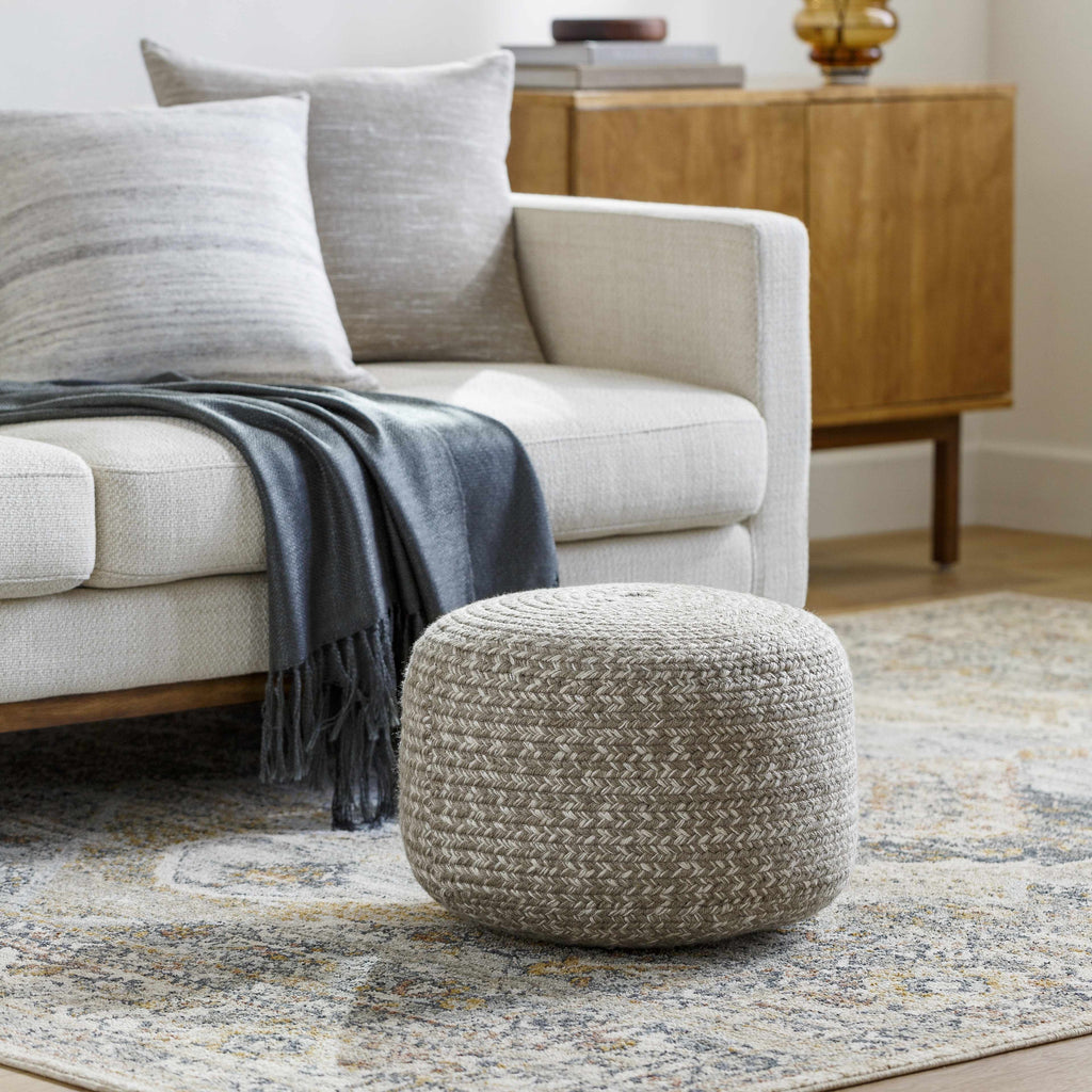 Light gray knitted contemporary outdoor pouf made from recycled yarn perfect for modern patio seating — view 5