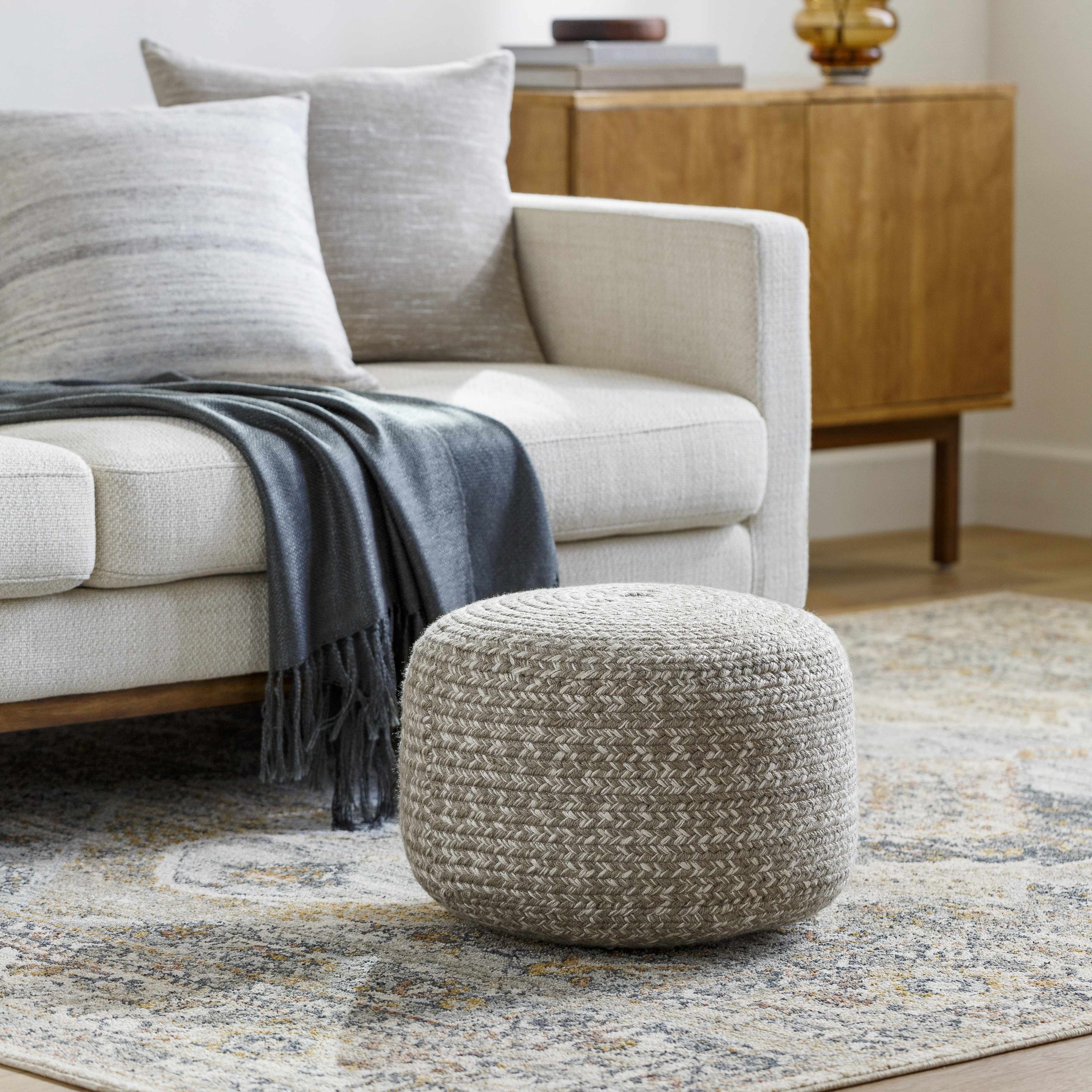 Light gray knitted contemporary outdoor pouf made from recycled yarn perfect for modern patio seating — view 5