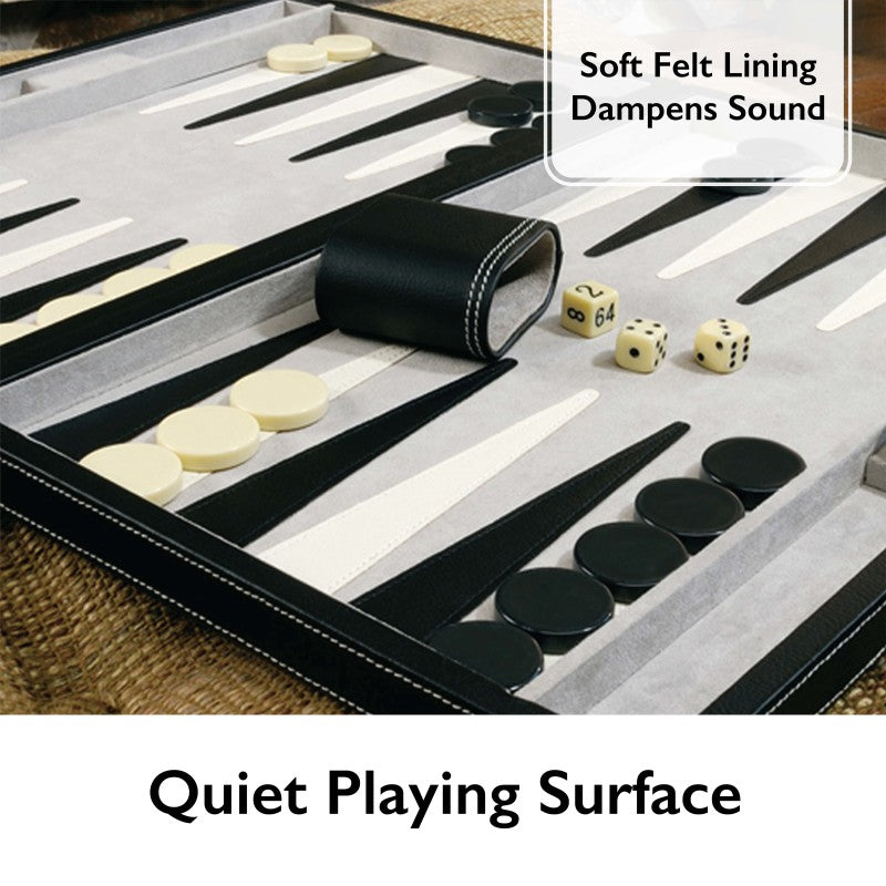 Classic 18-inch black leatherette backgammon board set with white and black playing pieces and dice — view 4