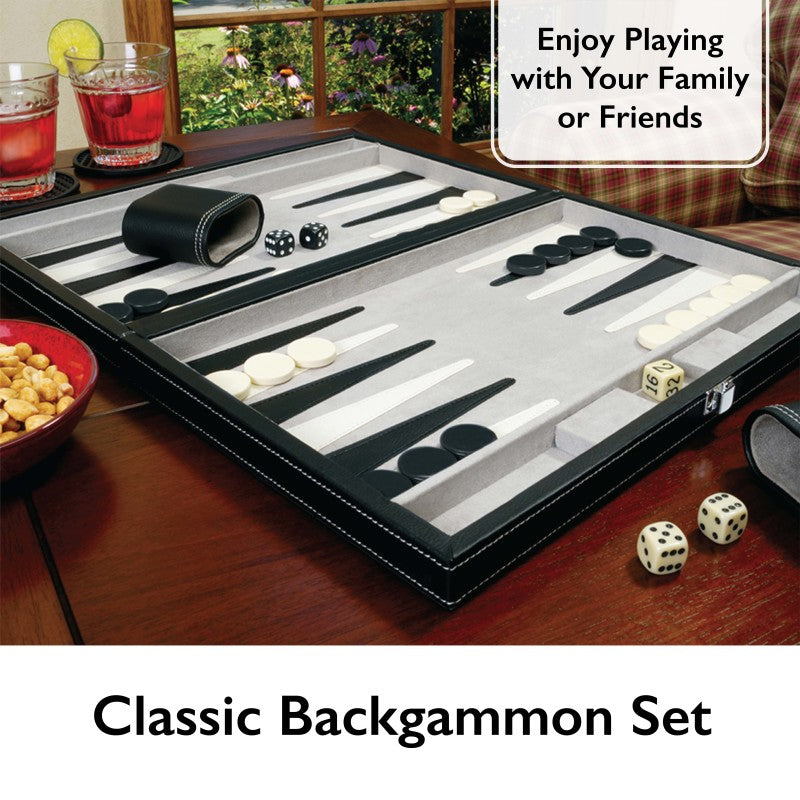 Black leatherette 15-inch travel backgammon set with felt lining, weighted pieces, and matching dice cups — view 2