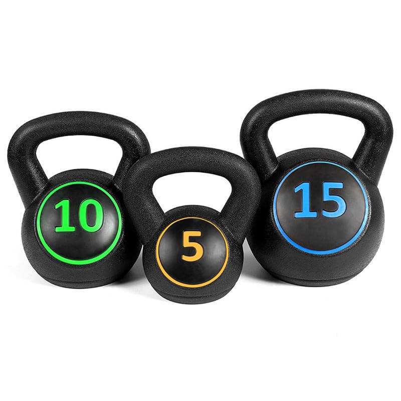 Three piece black kettlebell weight set for home gym strength training and fitness workouts — view 2