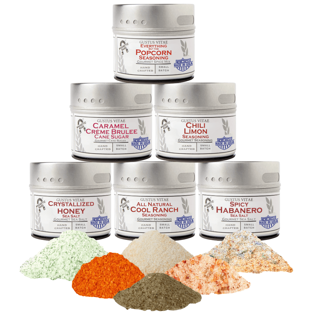Ultimate popcorn seasoning set with six unique gourmet spice blends in convenient magnetic metal tins