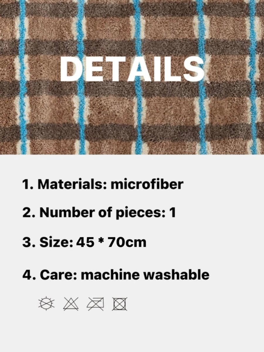 Retro earthy tone checker bath rug with blue stripes fluffy absorbent anti-slip mat — view 5