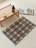 Retro earthy tone checker bath rug with blue stripes fluffy absorbent anti-slip mat