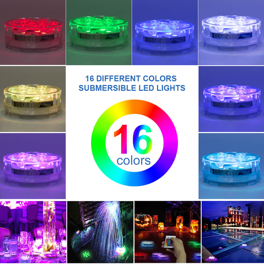 Waterproof submersible LED pool light showing 16 RGB colors with remote control in water setting — view 2