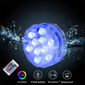 Waterproof submersible LED pool light showing 16 RGB colors with remote control in water setting