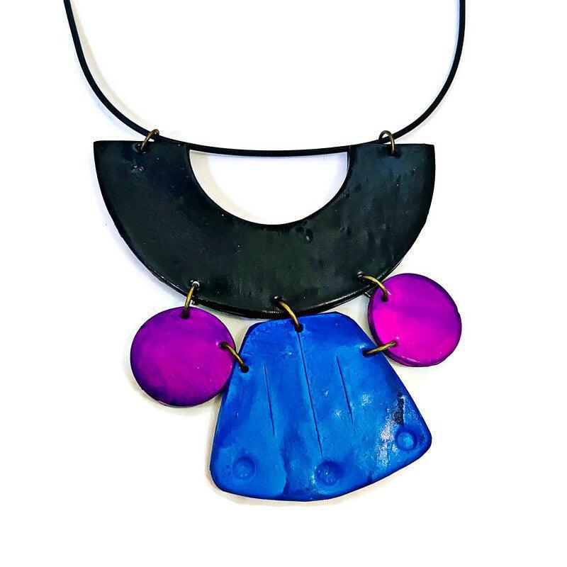 Unique Statement Necklace Handmade & Painted Blue Black Purple-1