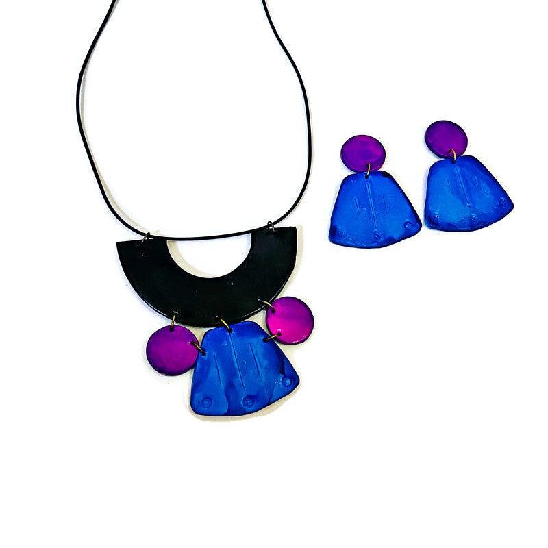 Unique Statement Necklace Handmade & Painted Blue Black Purple-4