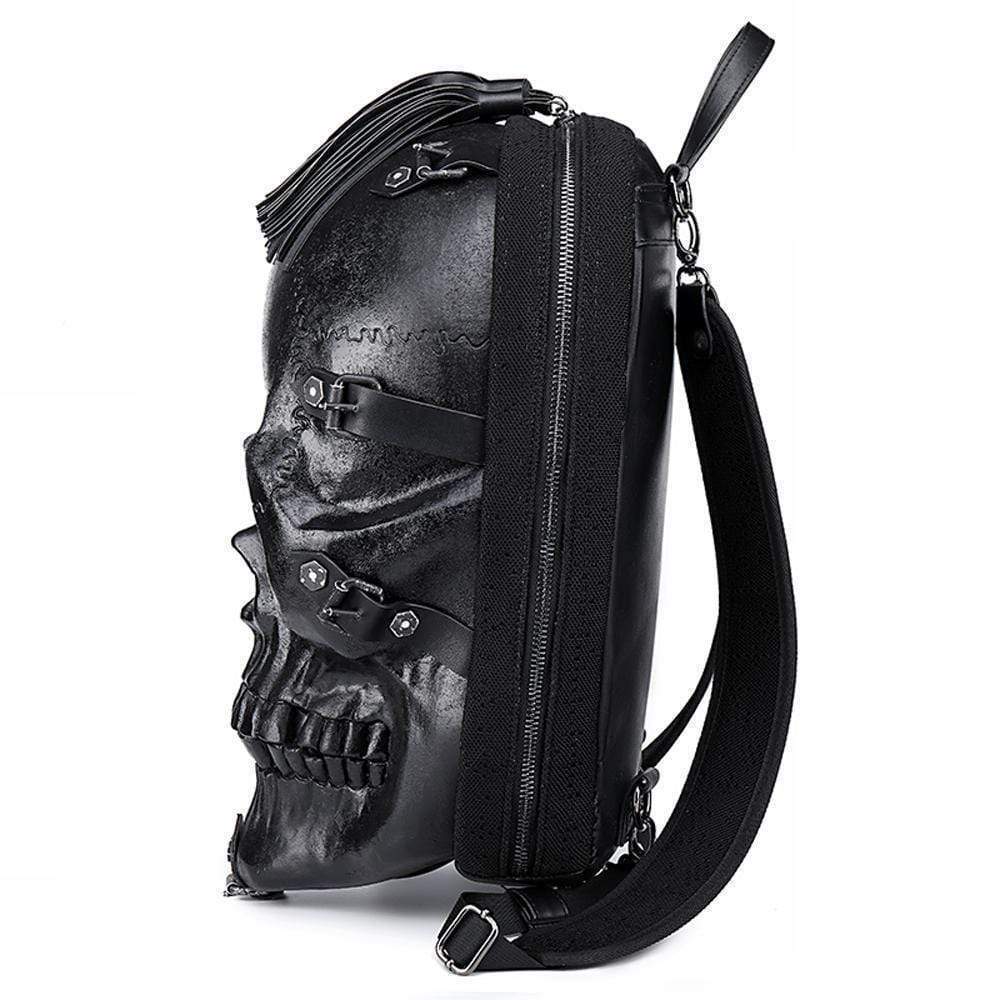 Unisex 3D skull backpack in PU leather featuring a striking metallic silica gel skull sculpture — view 4