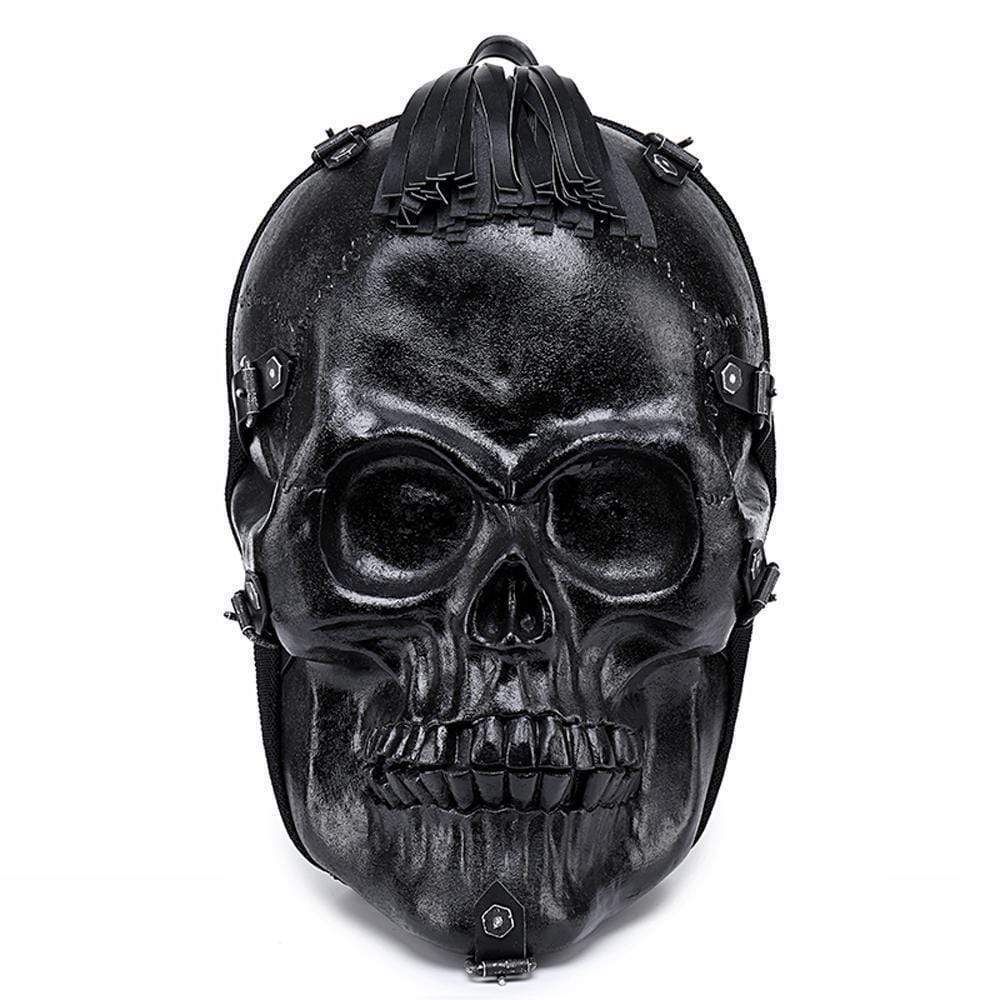 Unisex 3D skull backpack in PU leather featuring a striking metallic silica gel skull sculpture