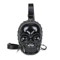 3D skull sling backpack in black PU leather with adjustable crossbody strap and zipper detail