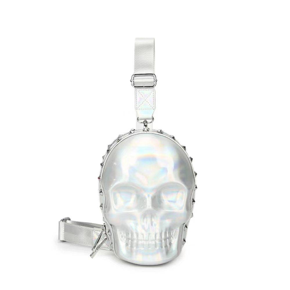 3D skull sling backpack in black PU leather with adjustable crossbody strap and zipper detail — view 2