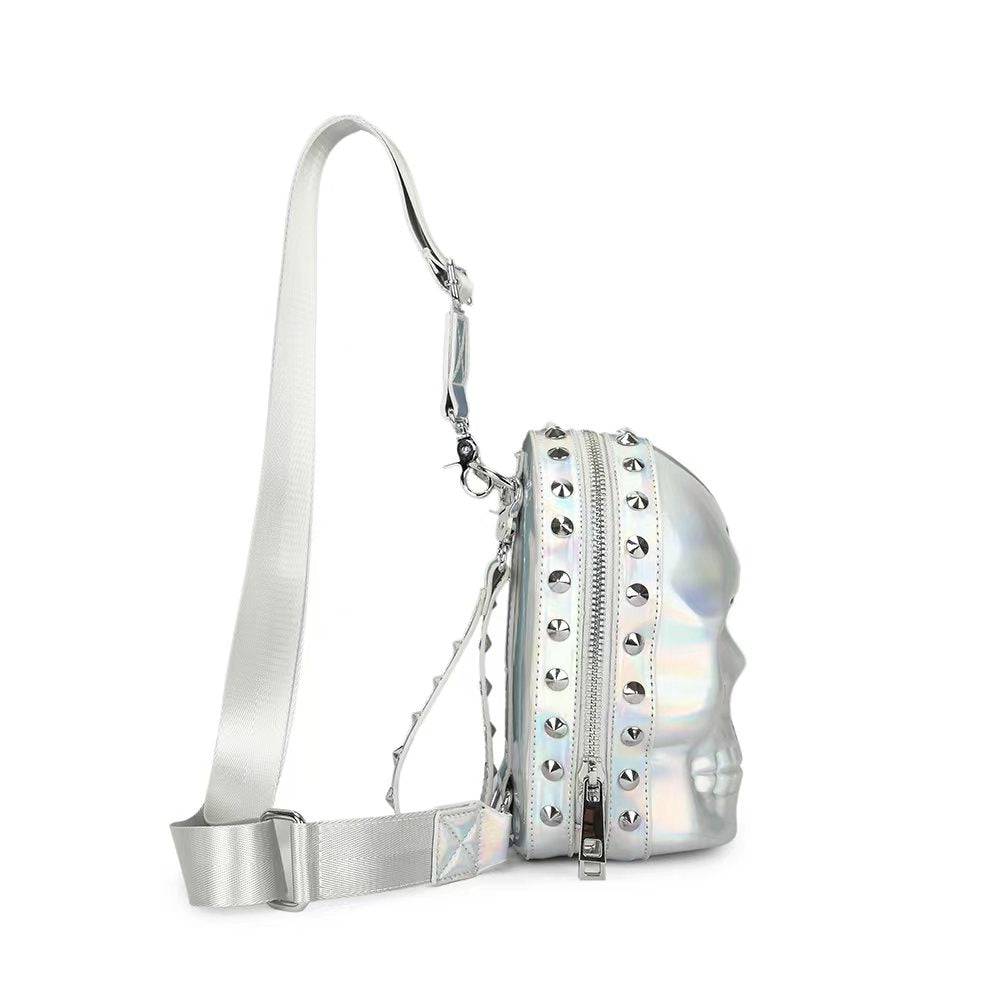 3D skull sling backpack in black PU leather with adjustable crossbody strap and zipper detail — view 3