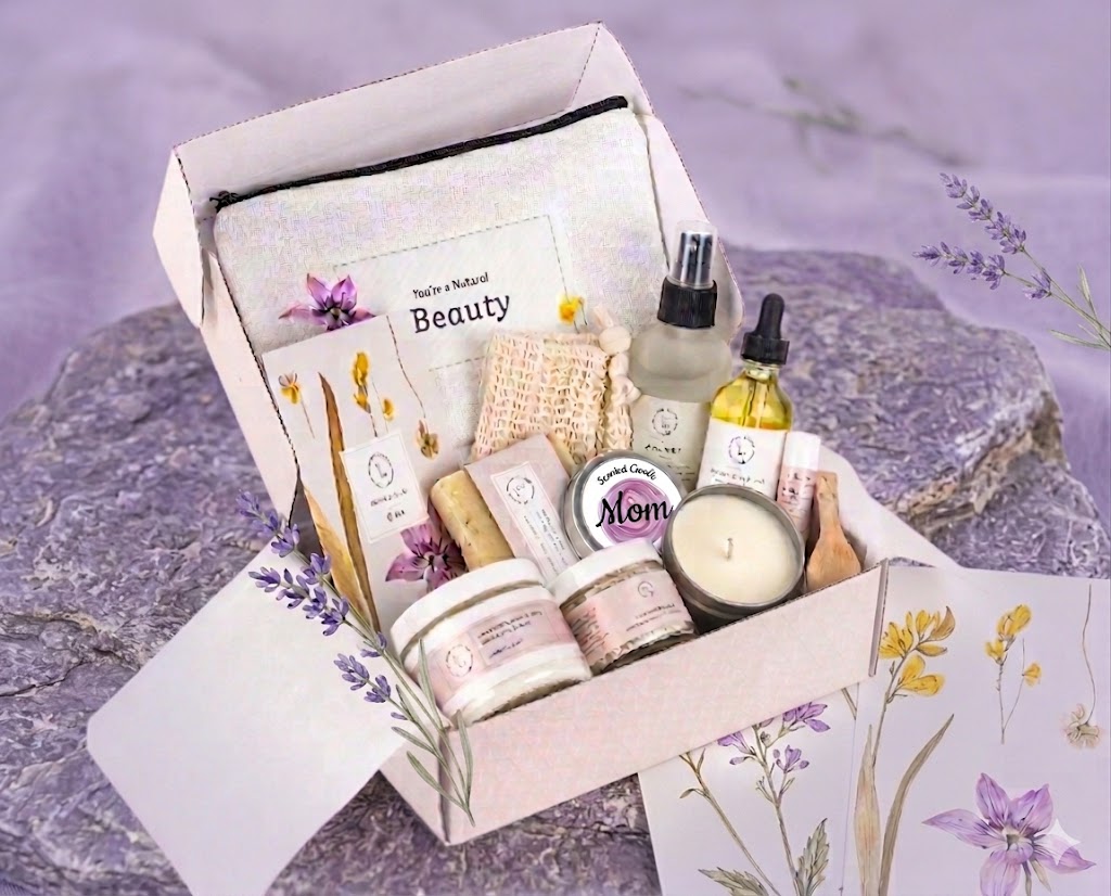 All natural lavender spa gift box featuring body scrub soap bath accessories and a soy candle — view 3
