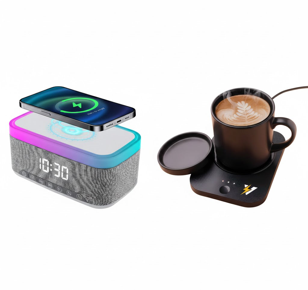 Wireless charging power bundle with smart mug warmer and modern bedside Bluetooth alarm clock speaker