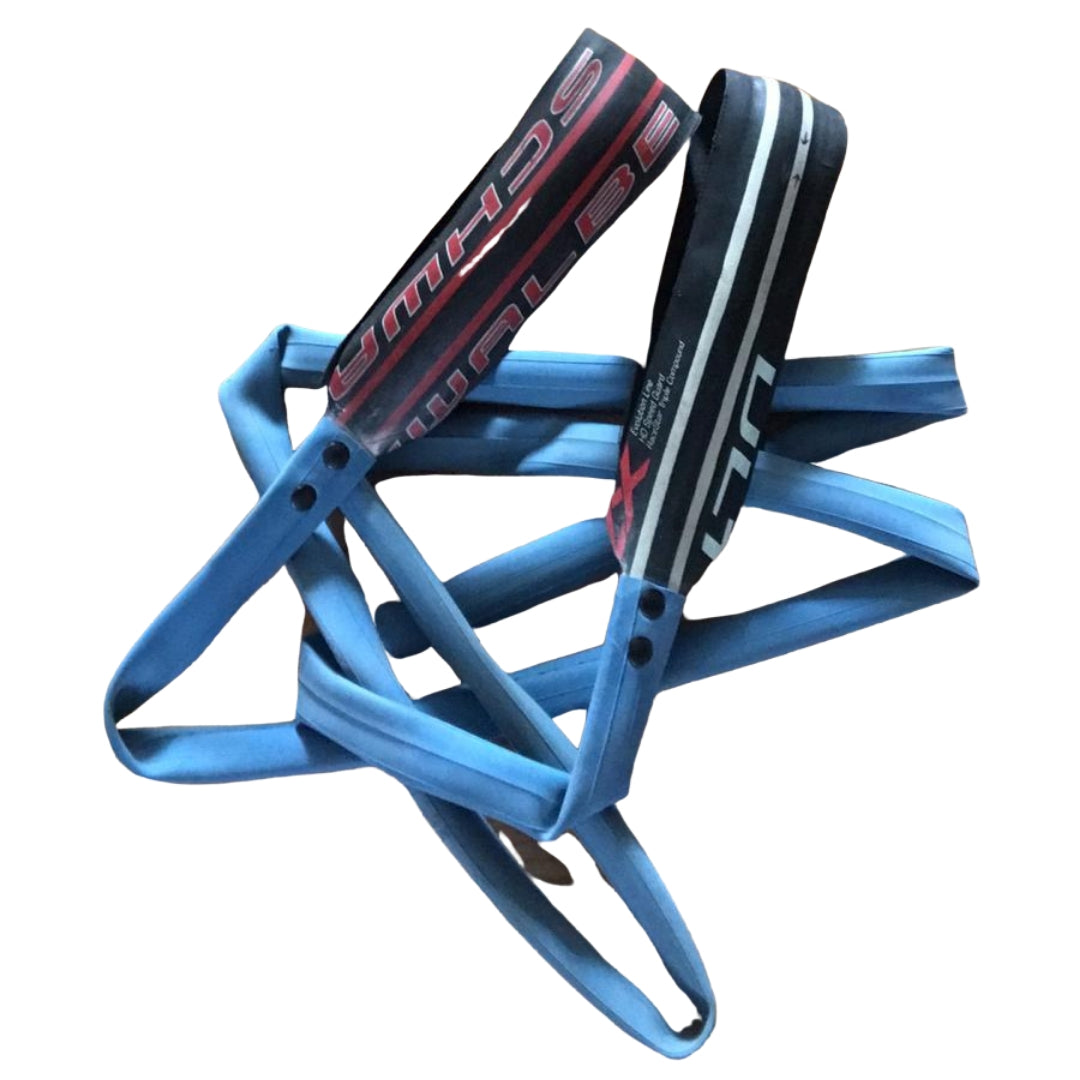 Eco-friendly upcycled black rubber resistance band made from recycled bicycle tyres for home workouts