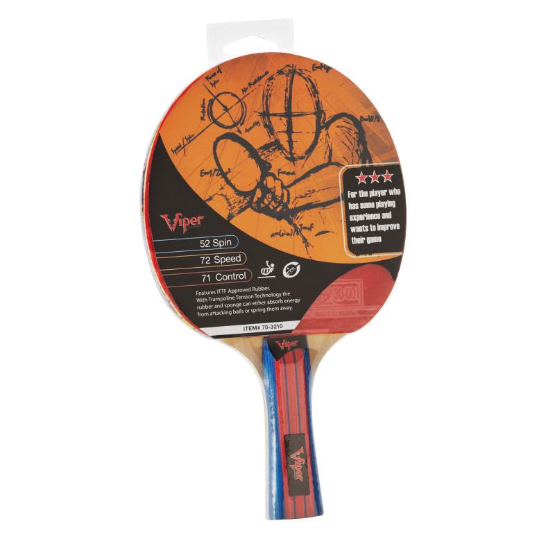 Viper Three Star Table Tennis Racket featuring a solid wood handle and black and red rubber — view 2