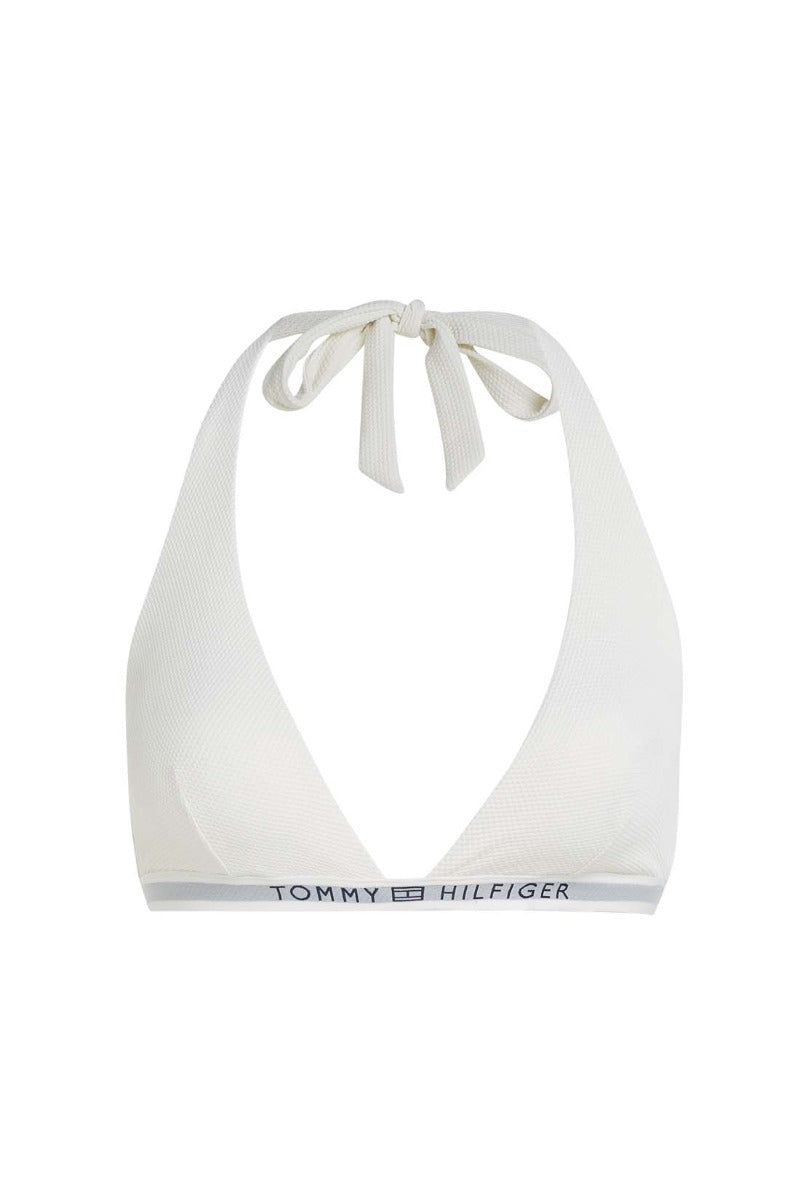 Ivory triangle bikini top with contrasting logo underbust band and halter neck laces. — view 12