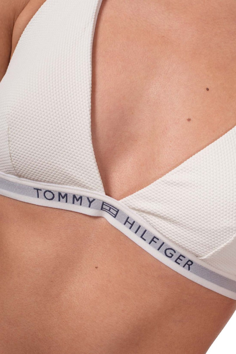 Ivory triangle bikini top with contrasting logo underbust band and halter neck laces. — view 25