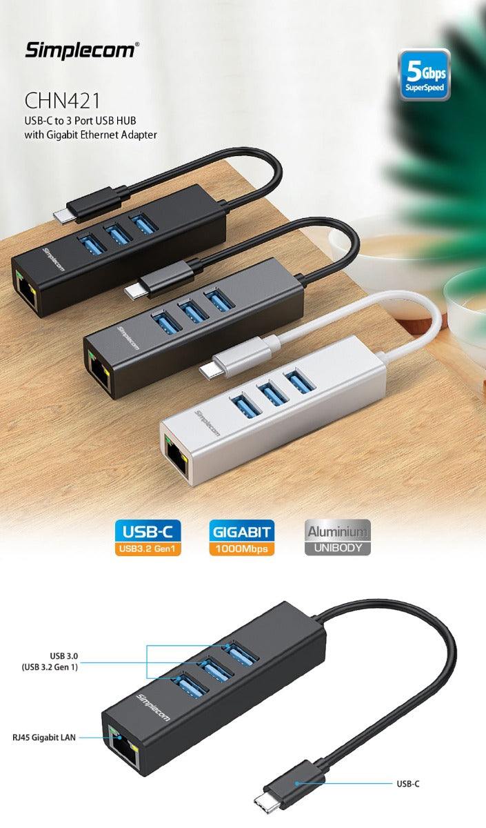 Black aluminium USB-C hub with three USB ports and Gigabit Ethernet adapter on white background — view 4