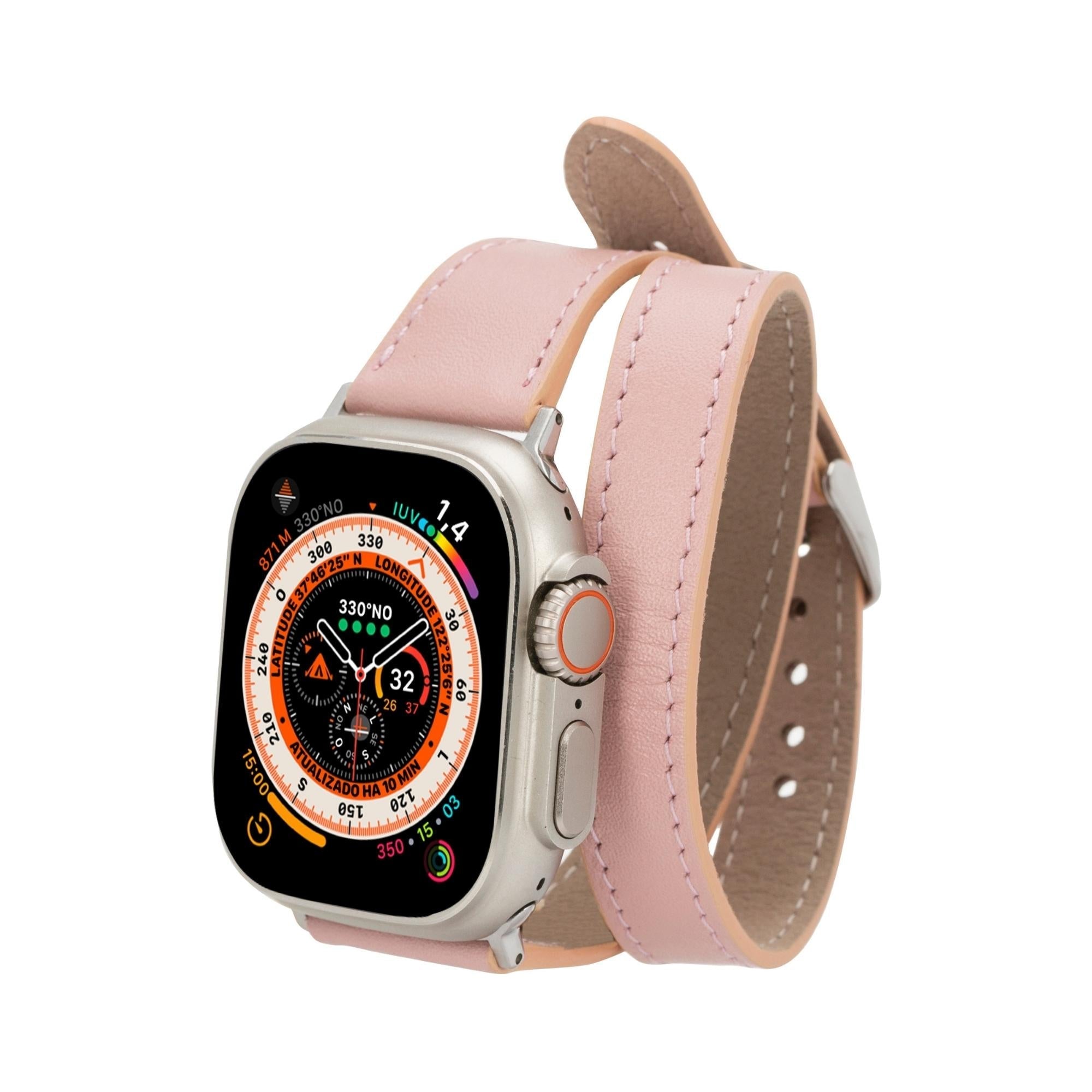 Vail double tour genuine leather Apple Watch band featuring a silver buckle and elegant strap wrap — view 5
