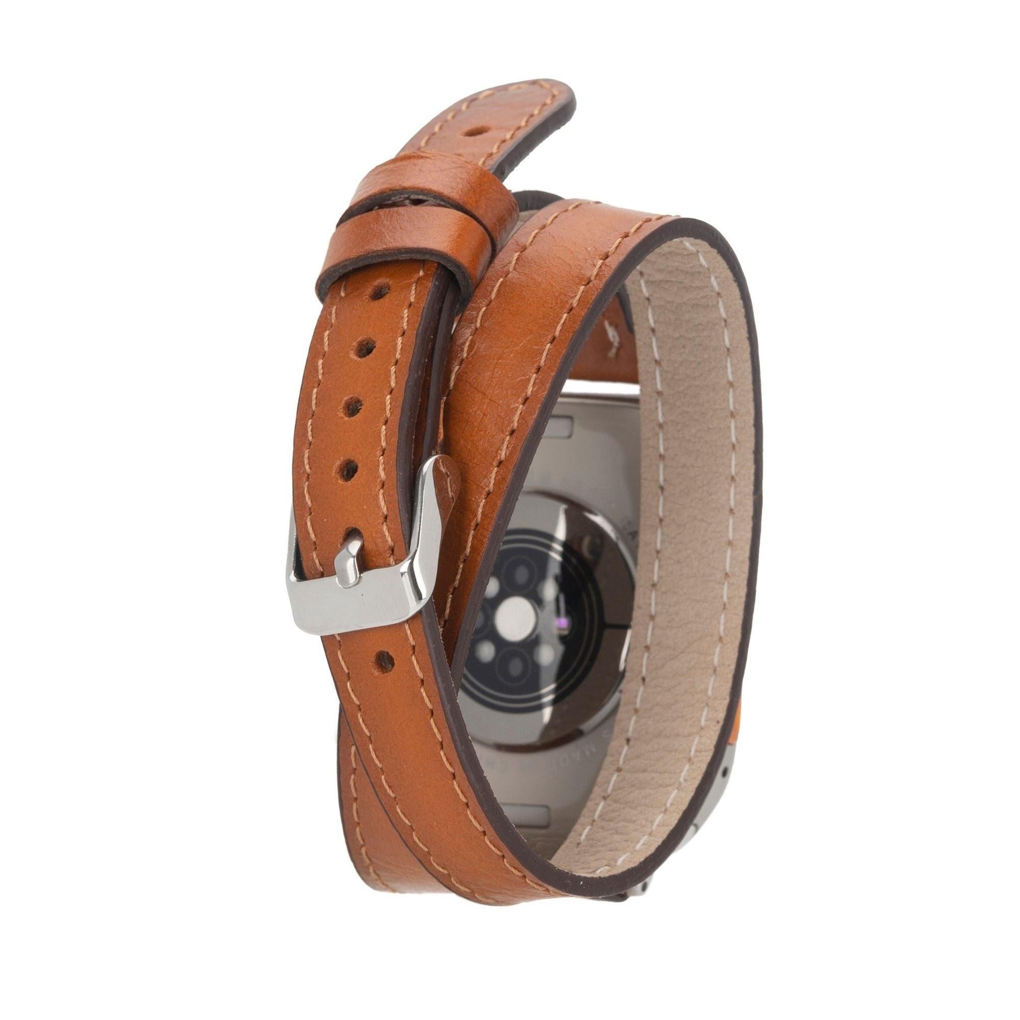 Vail double tour genuine leather Apple Watch band featuring a silver buckle and elegant strap wrap — view 2