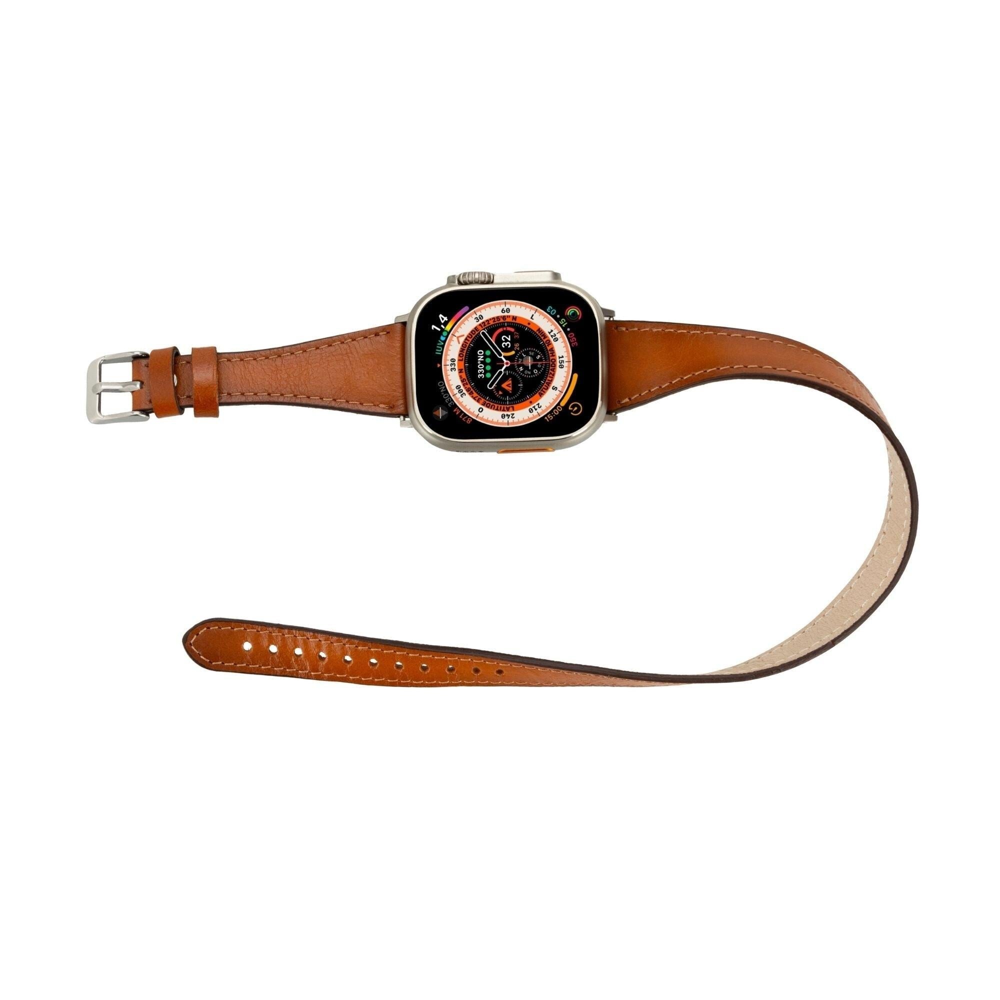 Vail double tour genuine leather Apple Watch band featuring a silver buckle and elegant strap wrap — view 4