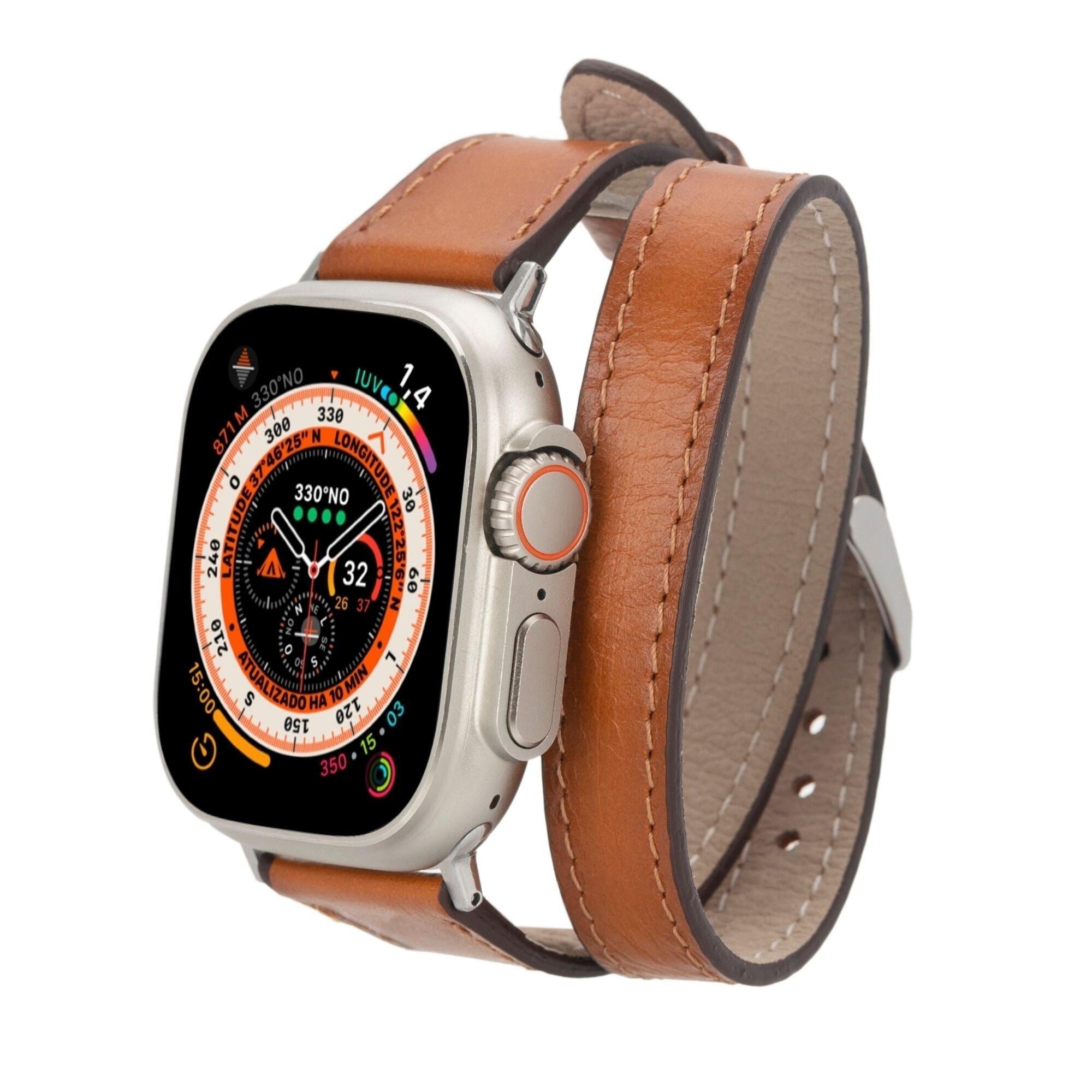 Vail double tour genuine leather Apple Watch band featuring a silver buckle and elegant strap wrap