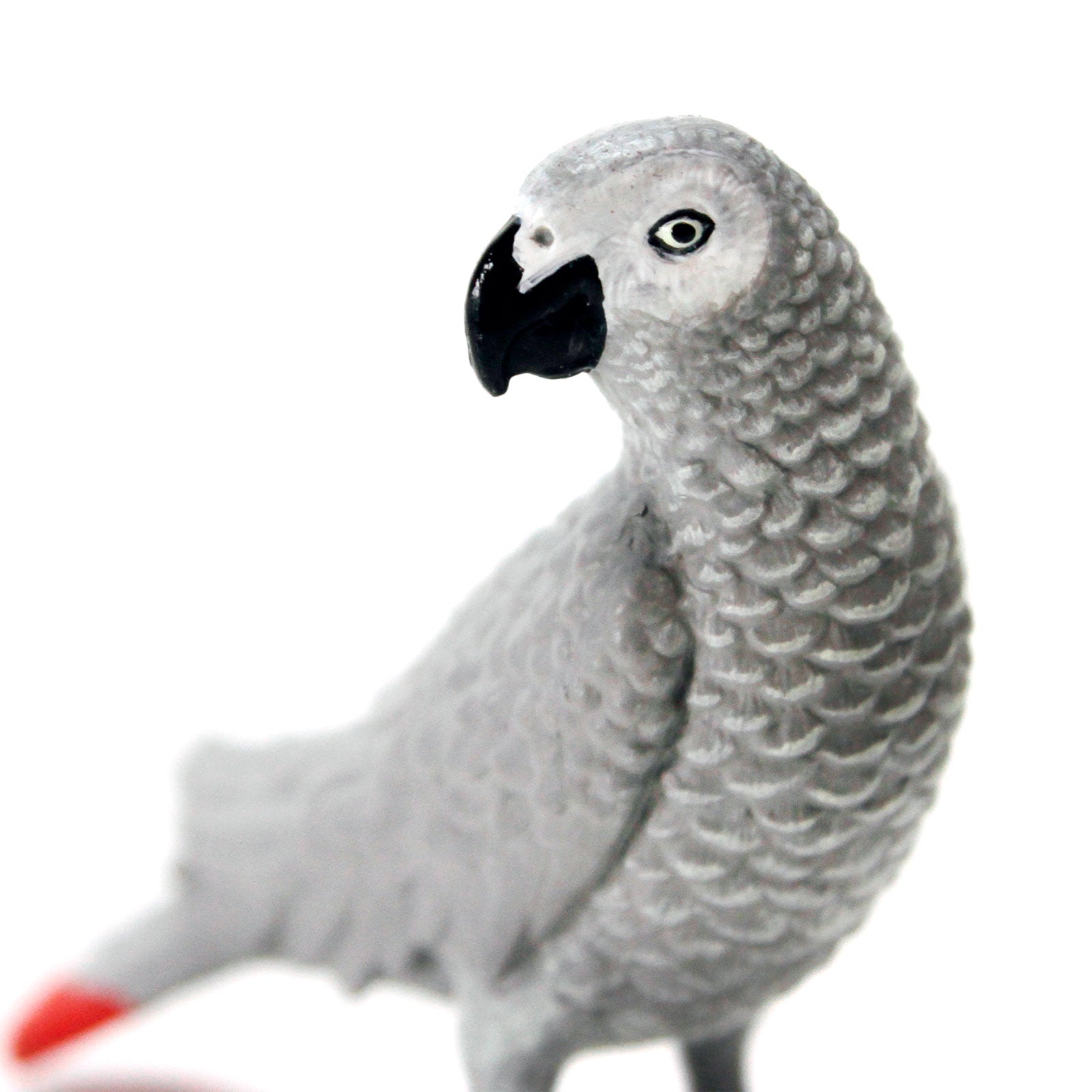 Detailed African Gray Parrot toy figure with gray feathers, red tail, and black beak — view 5
