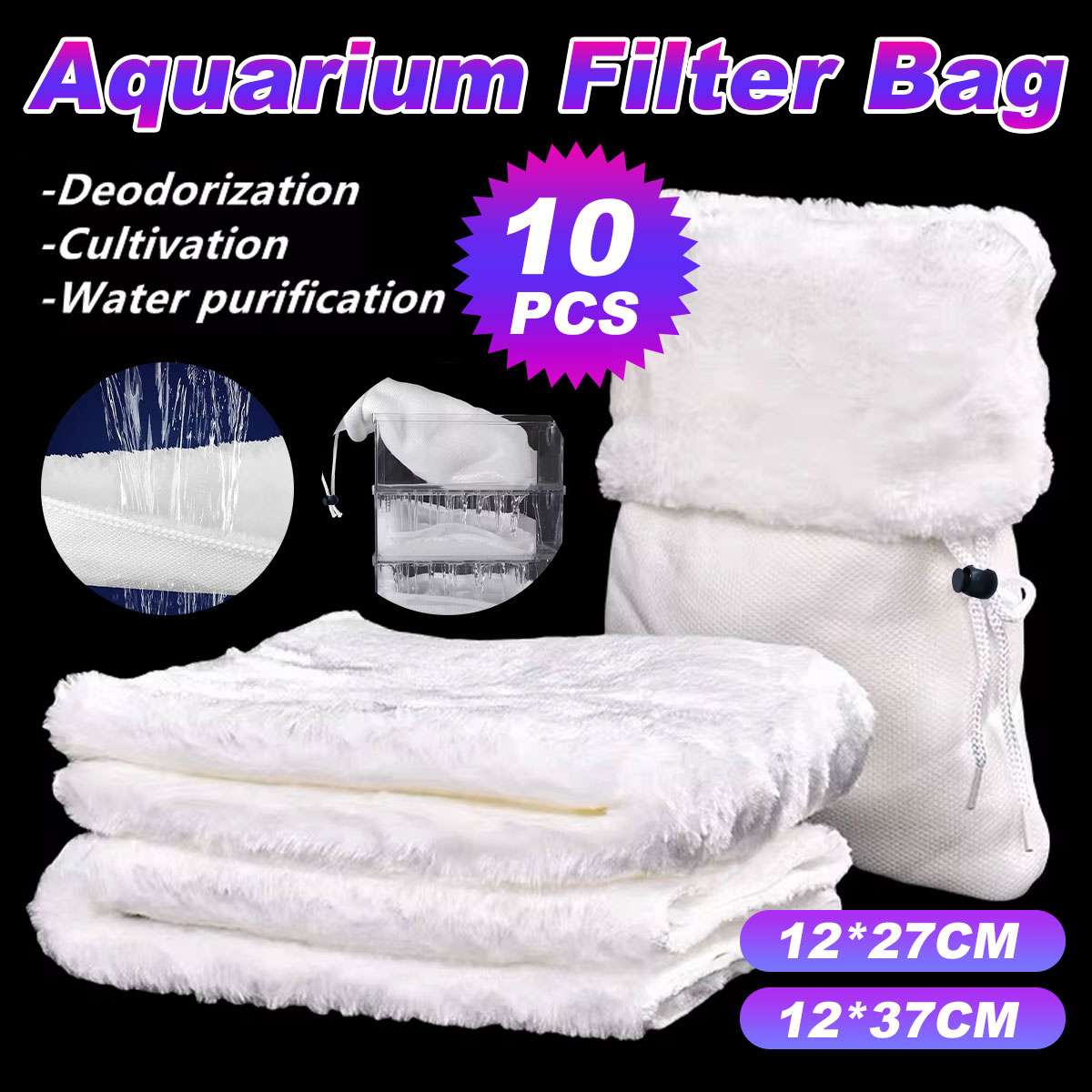 Ten piece white reusable aquarium filter bags with drawstring closure for fish tanks