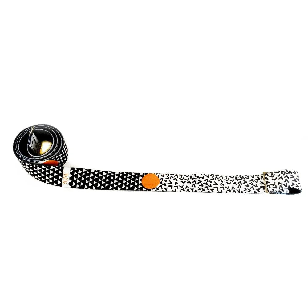 White Bowie yoga strap with retro print, organic cotton material, and adjustable metal D-ring buckles — view 2