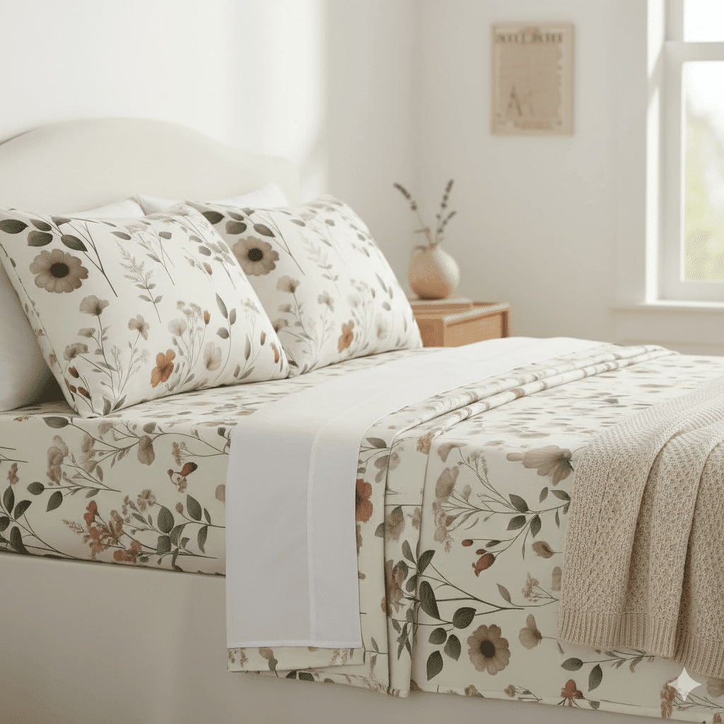 Enchanted Meadow floral bed sheet set with soft beige, rose, and green botanical microfiber prints. — view 4