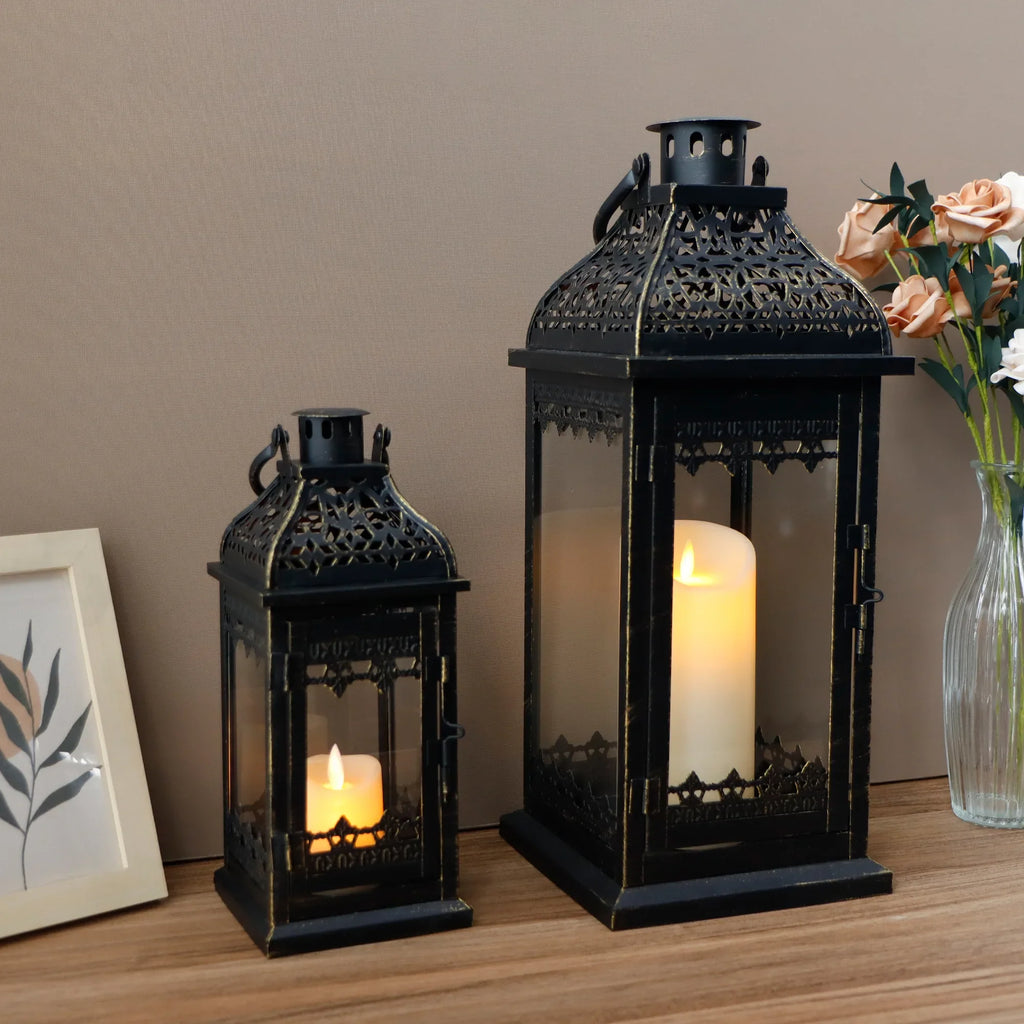 Vintage metal candle lanterns set of two with black brushed gold finish and clear tempered glass — view 4