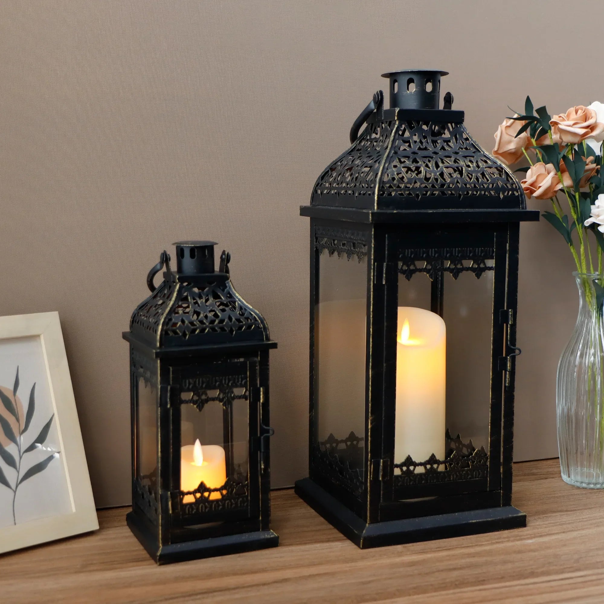 Vintage metal candle lanterns set of two with black brushed gold finish and clear tempered glass — view 4