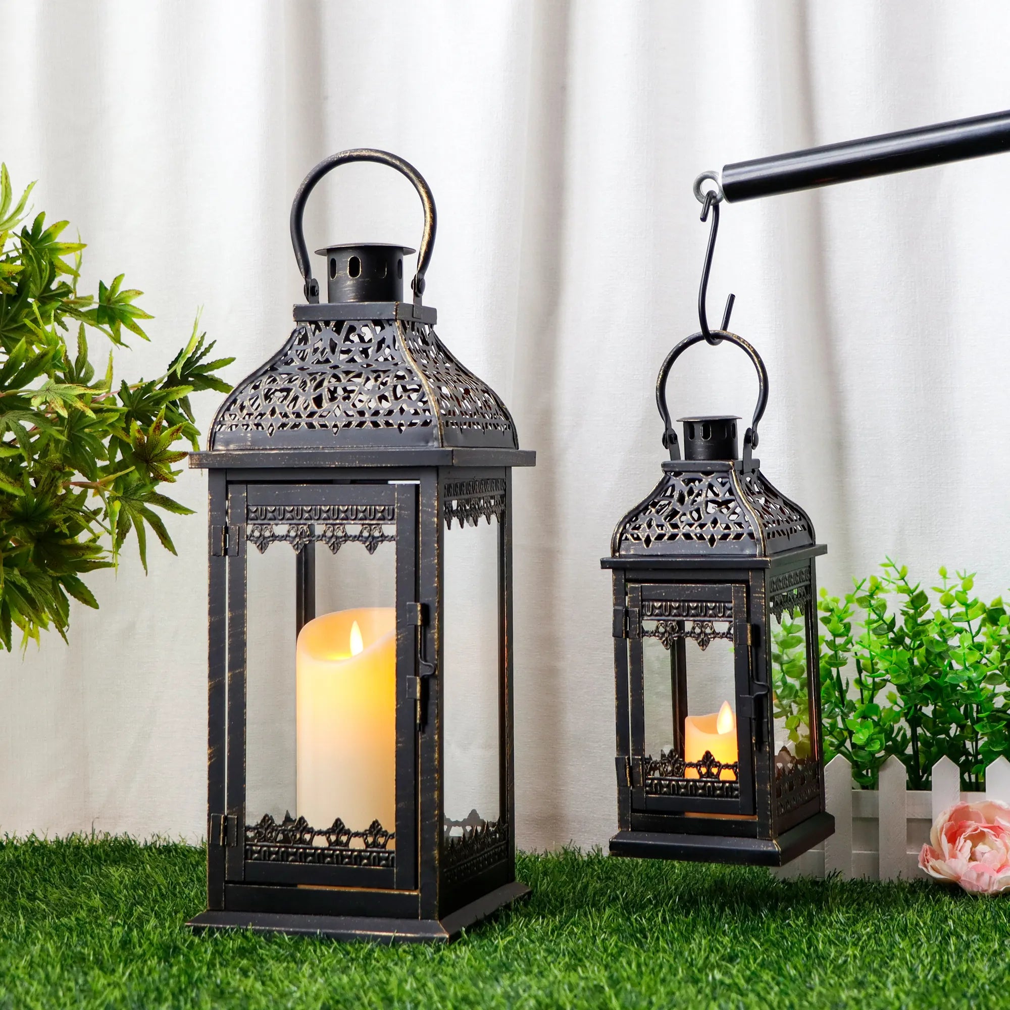 Vintage metal candle lanterns set of two with black brushed gold finish and clear tempered glass — view 3