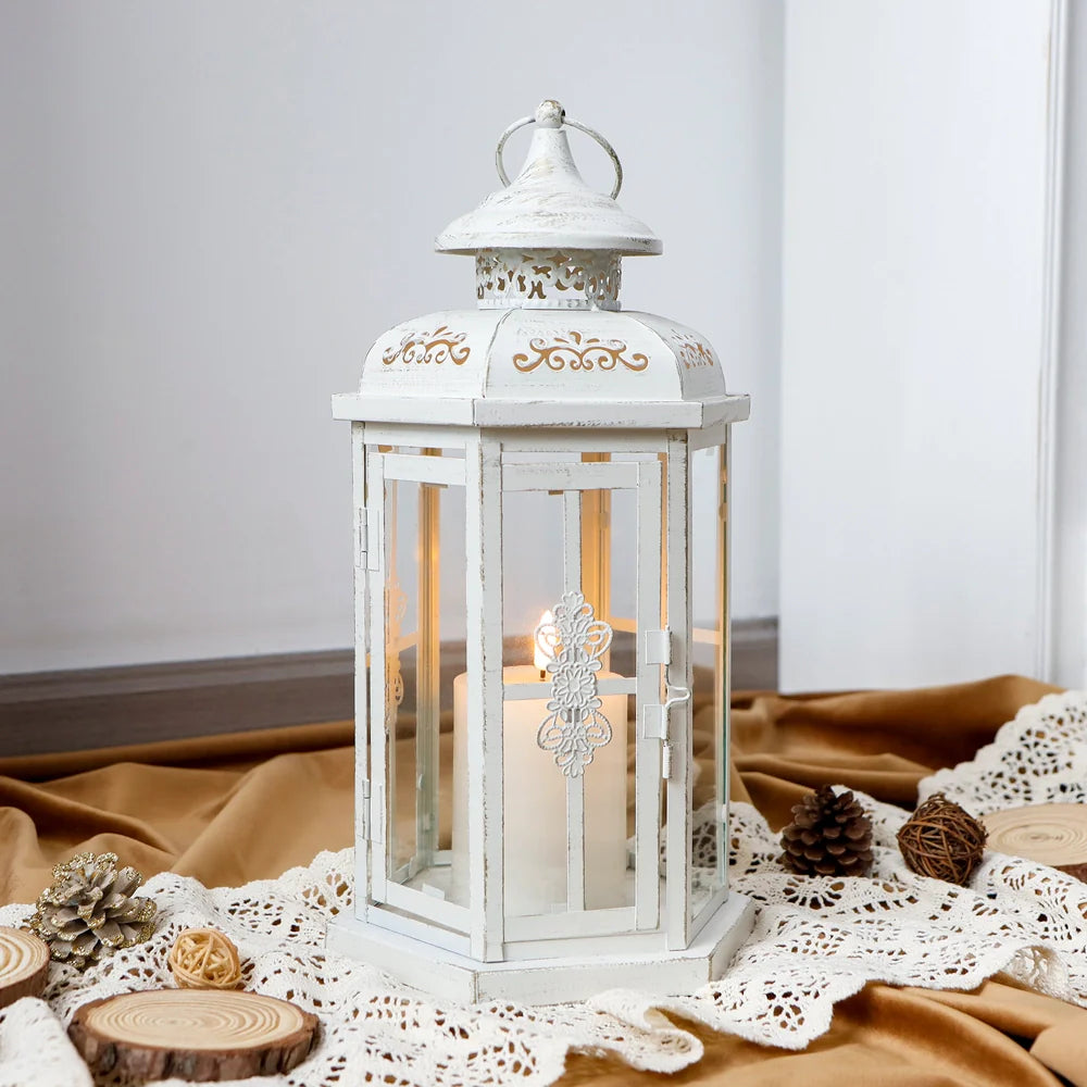 White and gold distressed 12-inch hexagon metal candle lantern with tempered glass panels — view 5