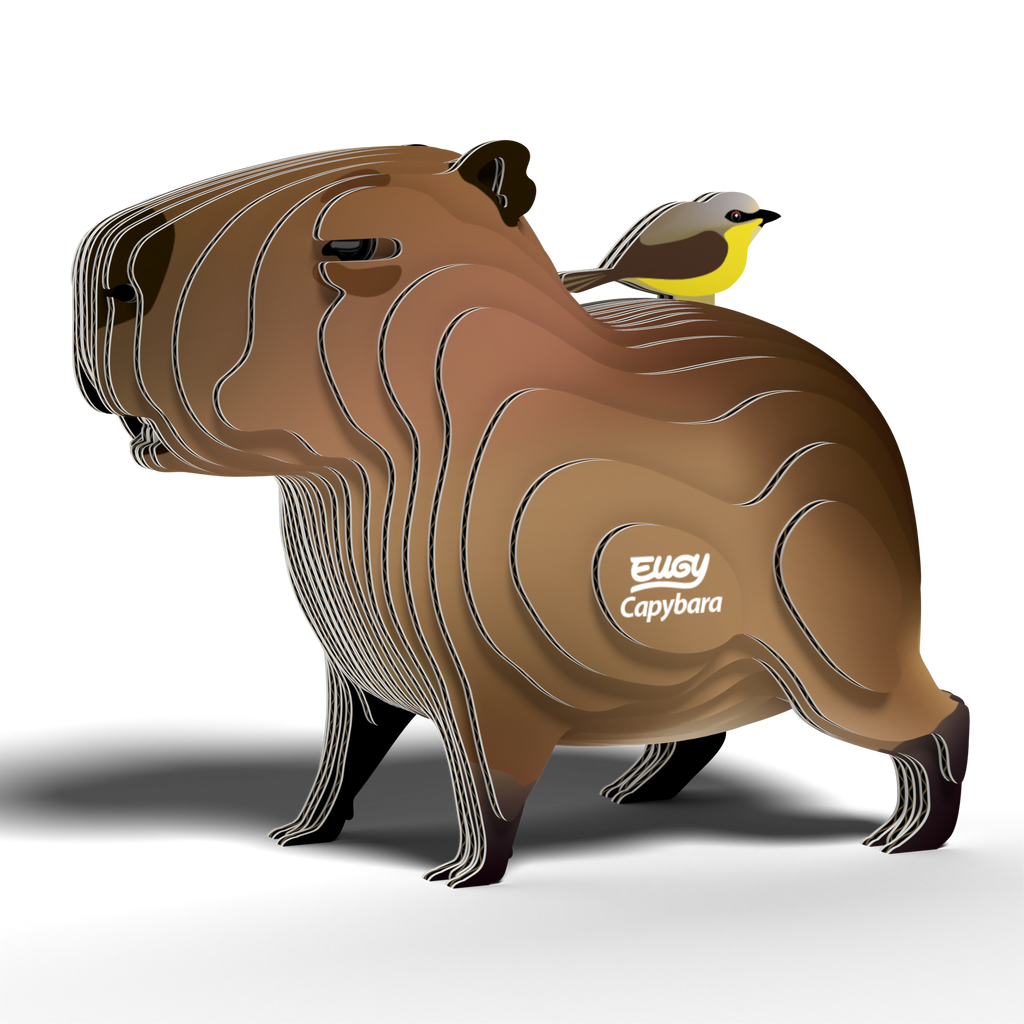 Eco-friendly 3D cardboard puzzle of a capybara with a tiny bird resting on its back — view 2