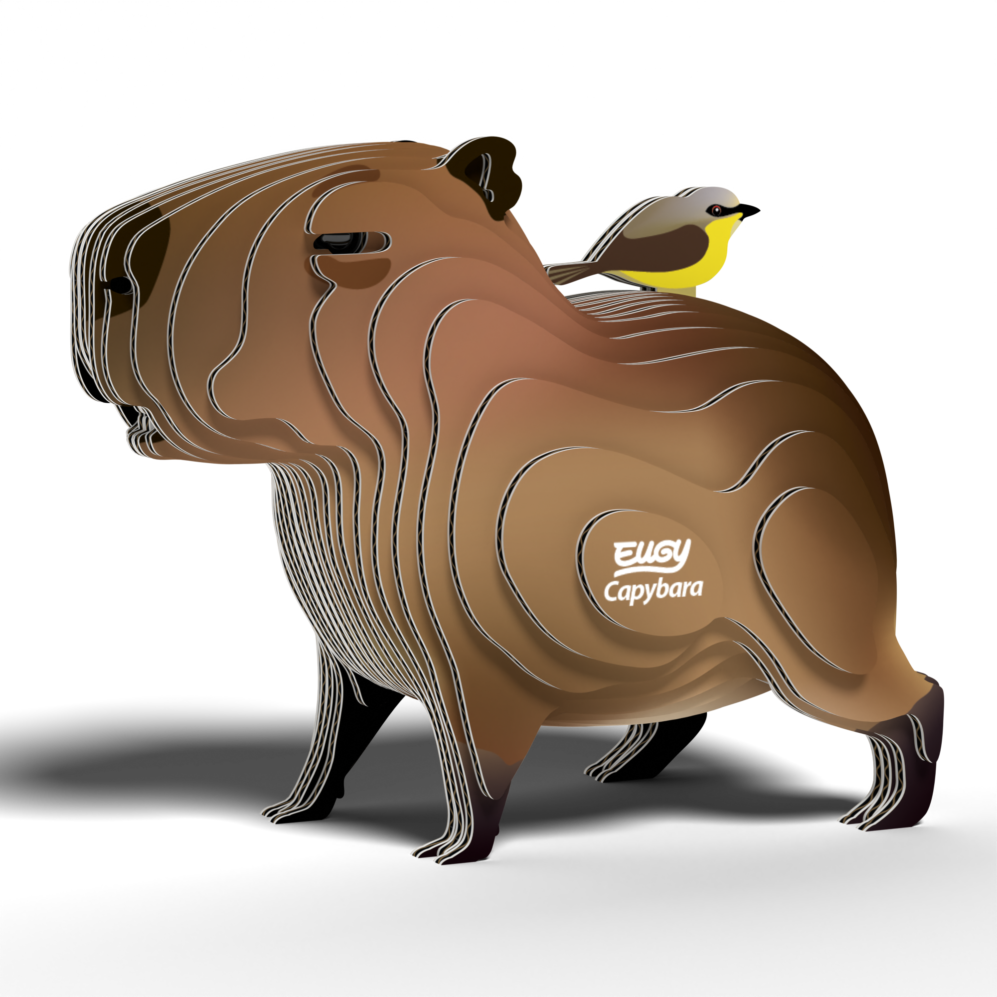 Eco-friendly 3D cardboard puzzle of a capybara with a tiny bird resting on its back — view 2