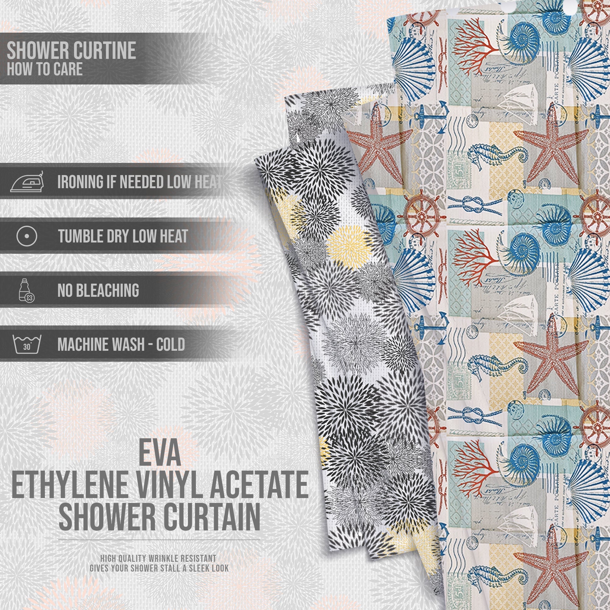 Floral print EVA shower curtain in natural colors, waterproof design with hanging hooks included — view 2