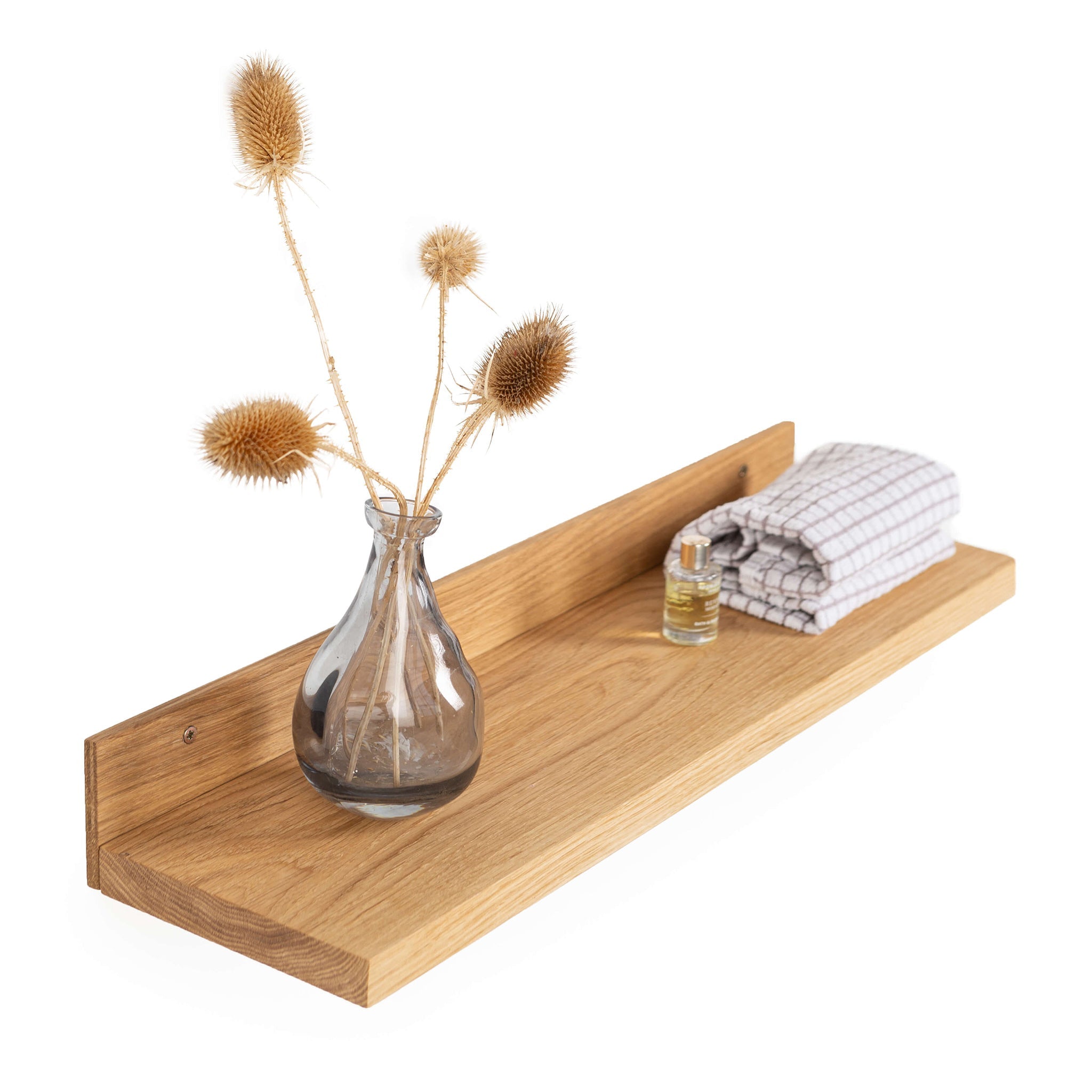 Two natural solid oak wood floating shelves mounted on a minimalist living room wall — view 4