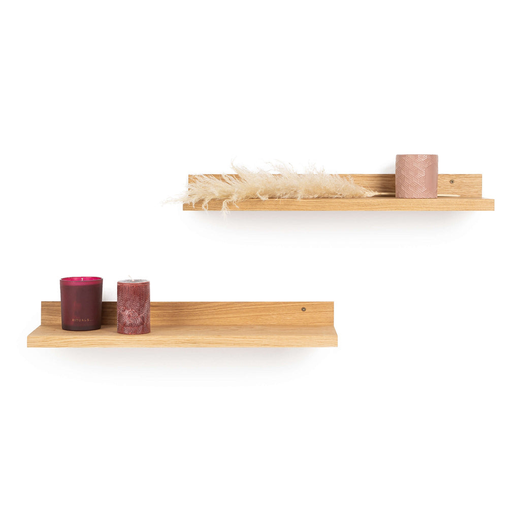 Two natural solid oak wood floating shelves mounted on a minimalist living room wall — view 5