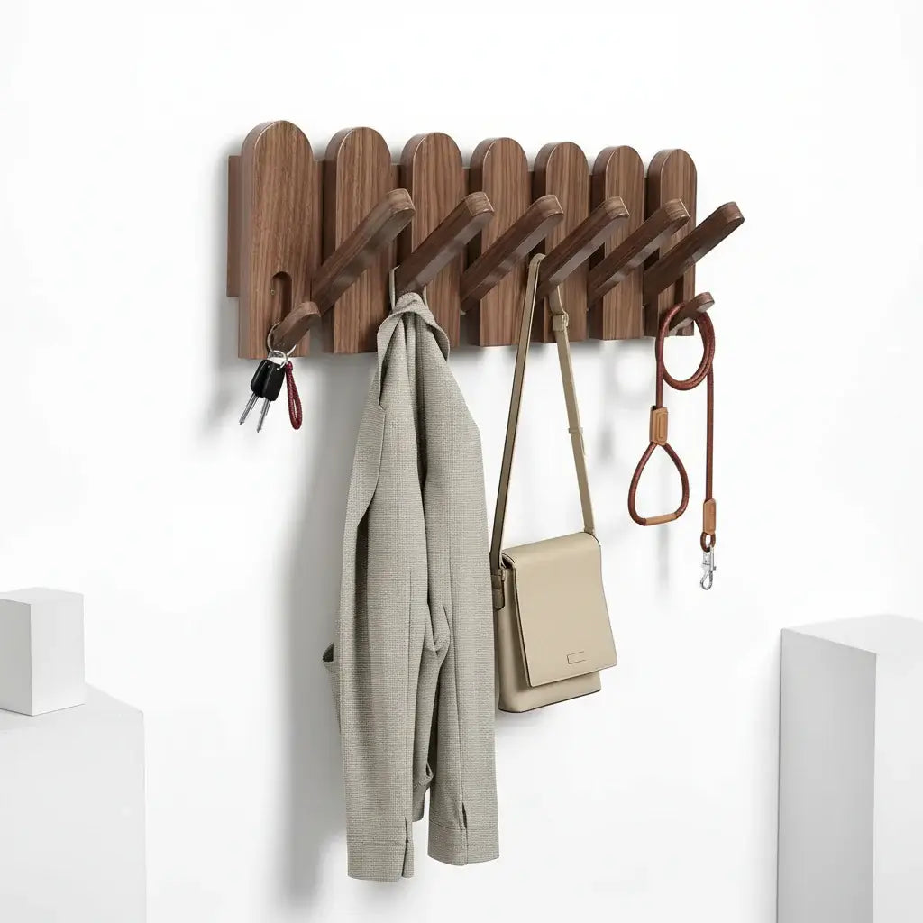 Solid walnut wood wall-mounted coat rack featuring eight retractable hooks in a modern piano key design